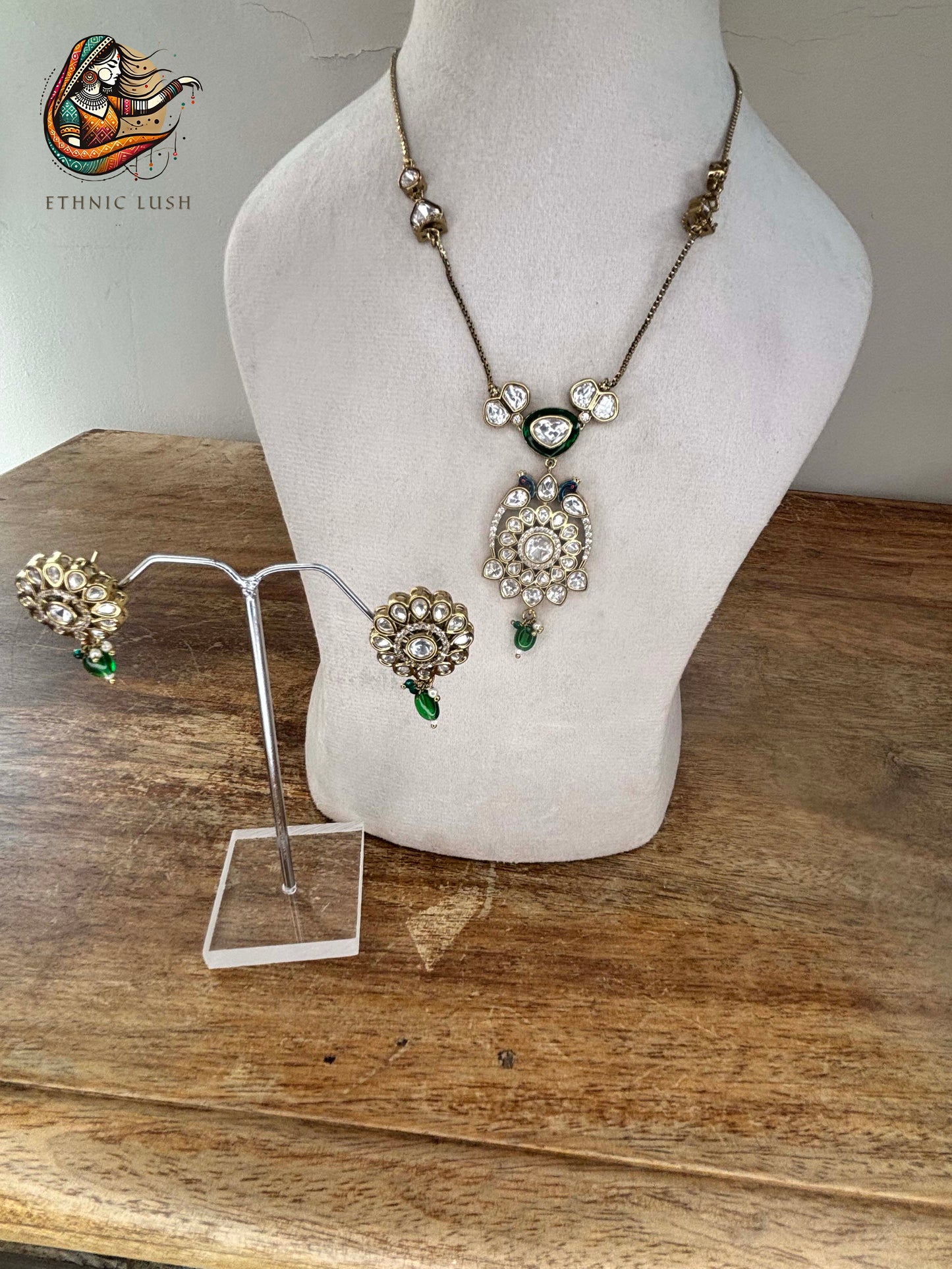 Kundan Necklace and Earrings Set with Green Accents