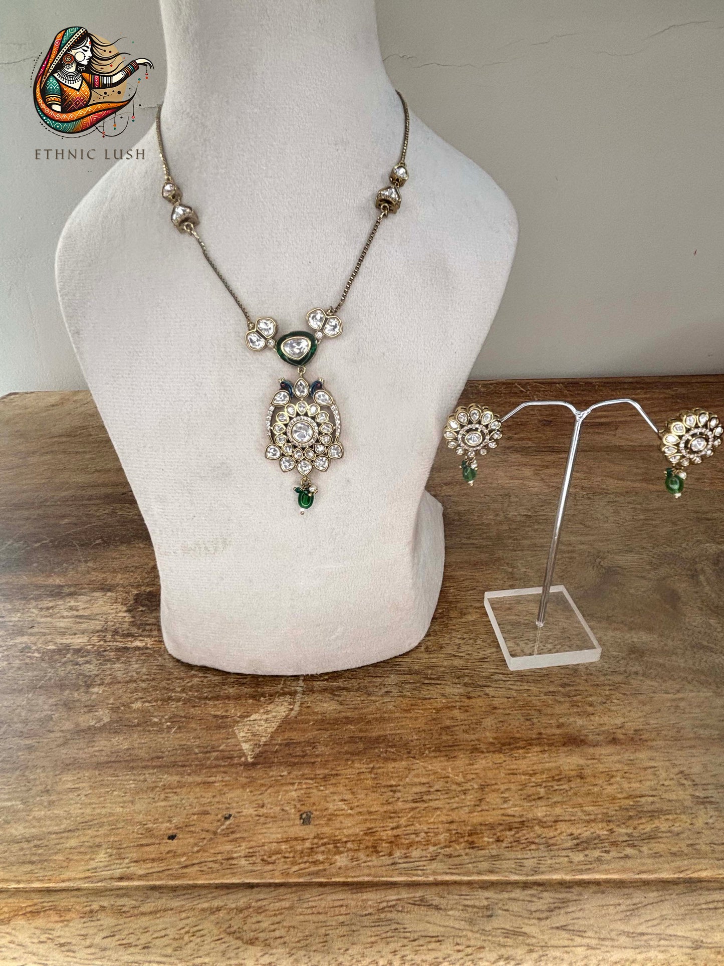 Kundan Necklace and Earrings Set with Green Accents