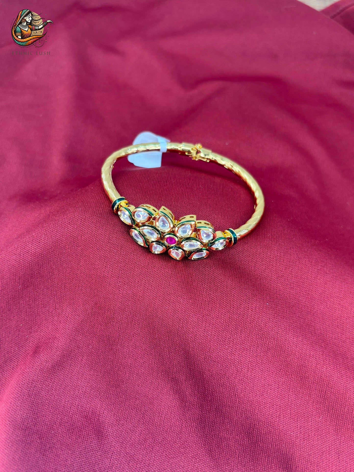 Gold-Plated Kundan Bangle Bracelet with Floral Motif