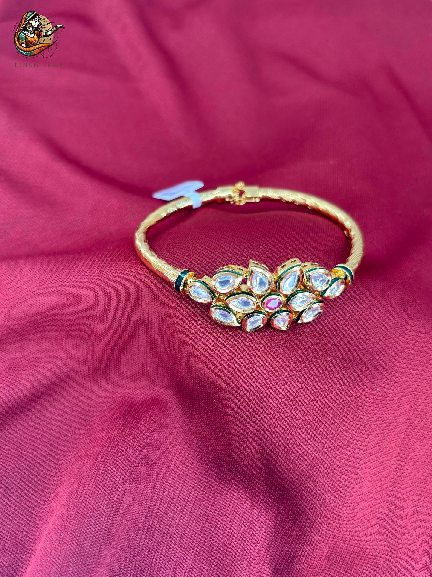 Gold-Plated Kundan Bangle Bracelet with Floral Motif