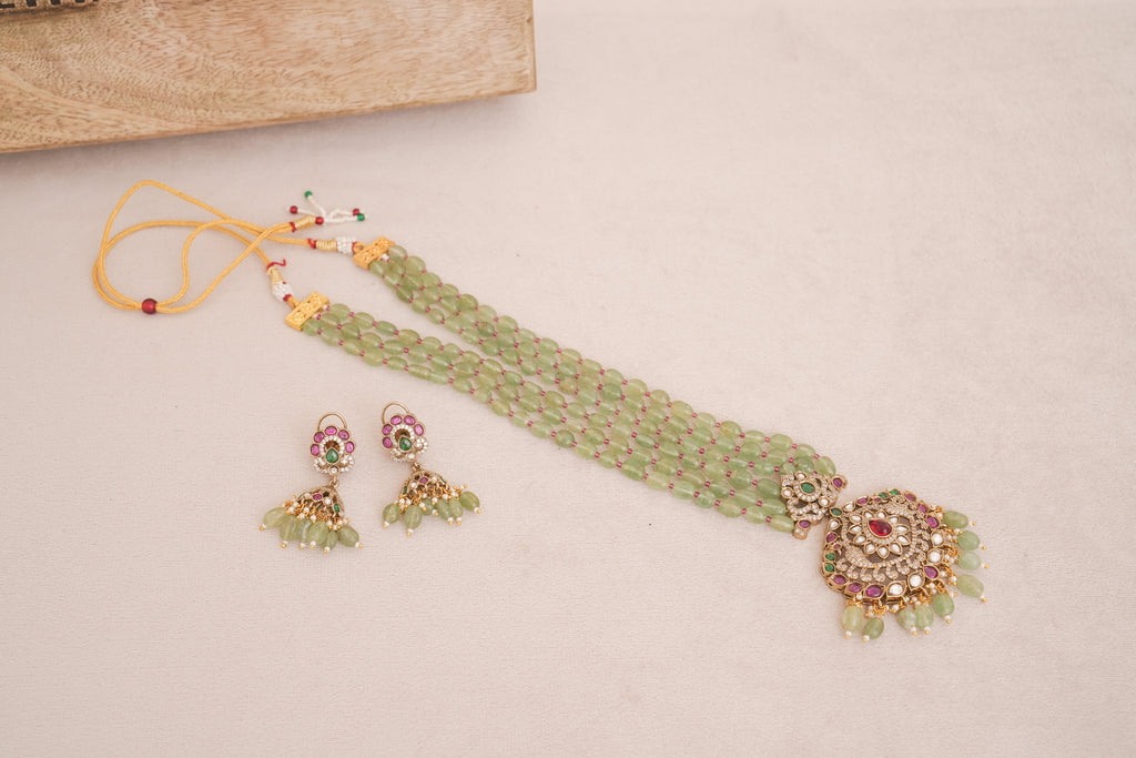 Royal Prehnite Beaded Kundan Necklace Set