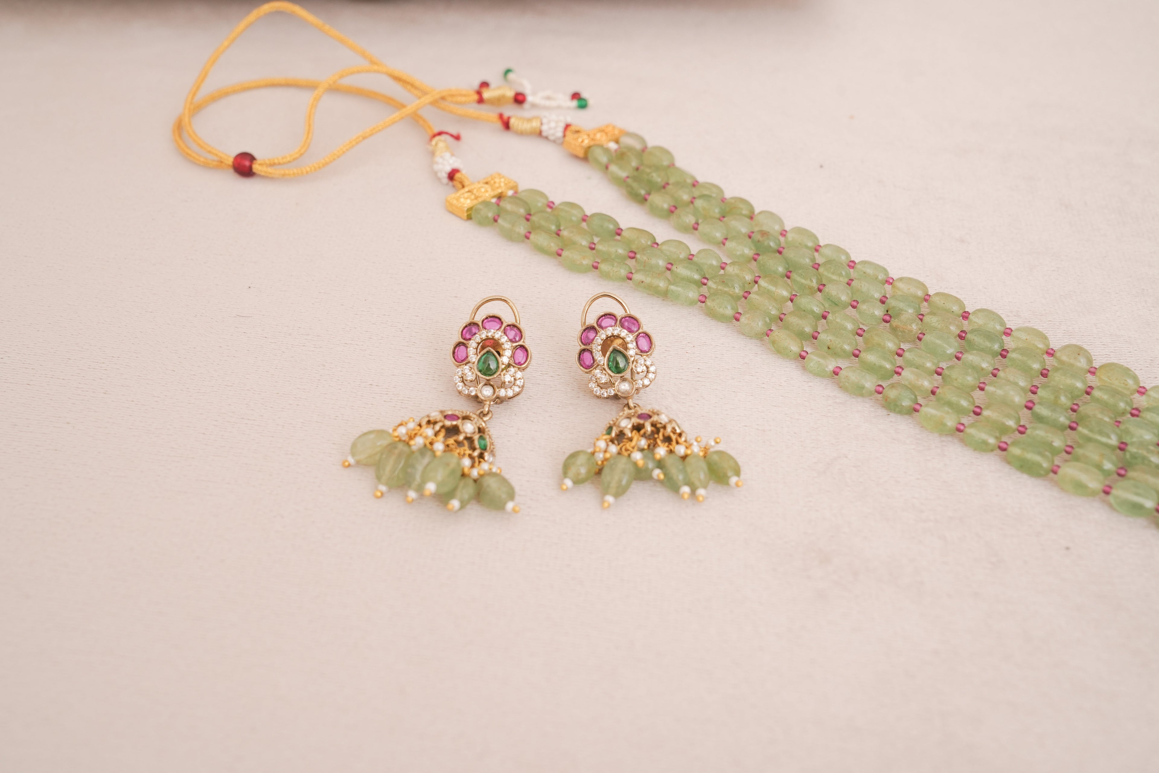 Royal Prehnite Beaded Kundan Necklace Set