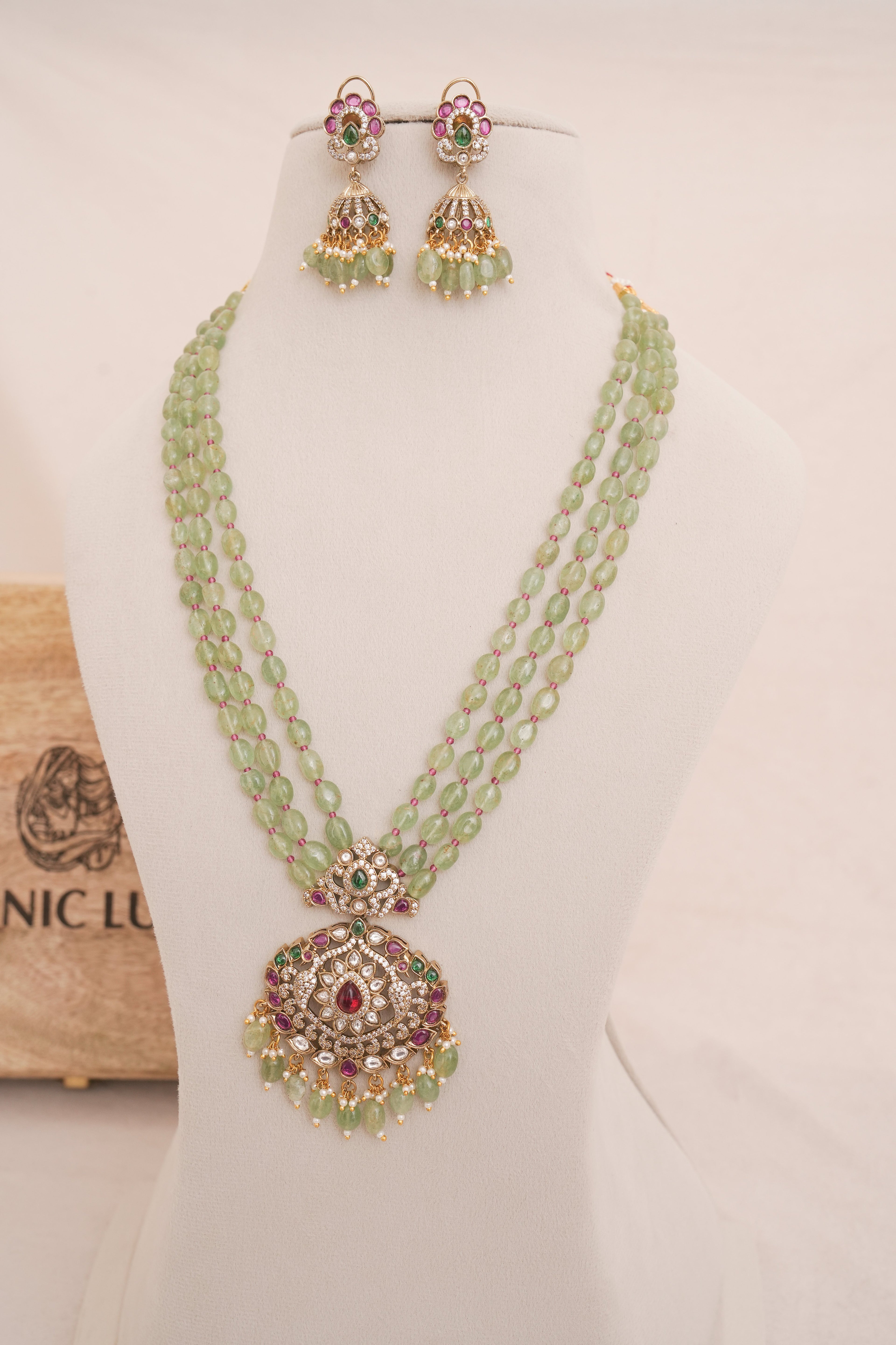 Royal Prehnite Beaded Kundan Necklace Set