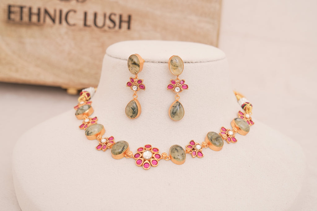 Prehnite Blossom Kundan Statement Necklace Set