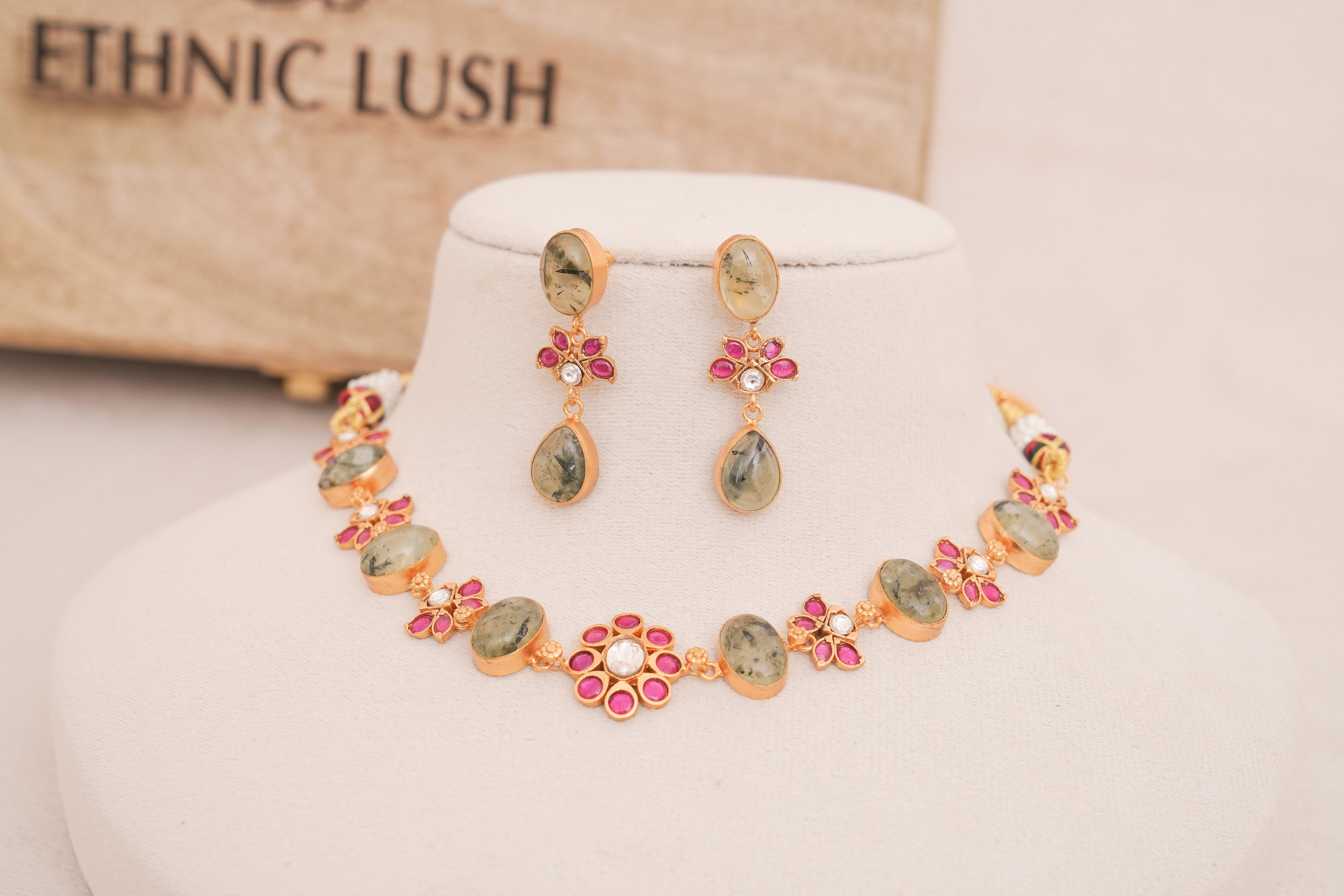 Prehnite Blossom Kundan Statement Necklace Set