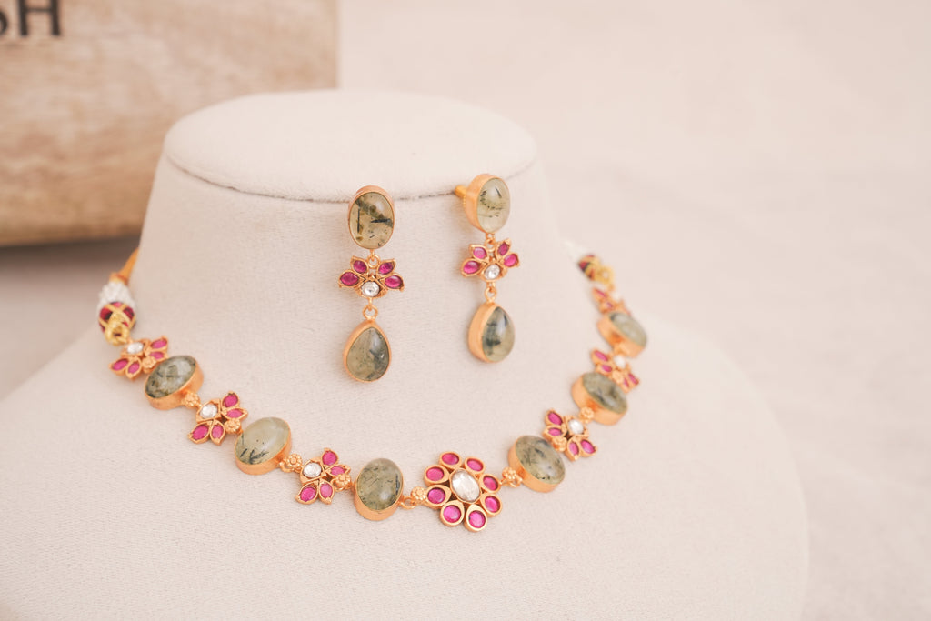 Prehnite Blossom Kundan Statement Necklace Set