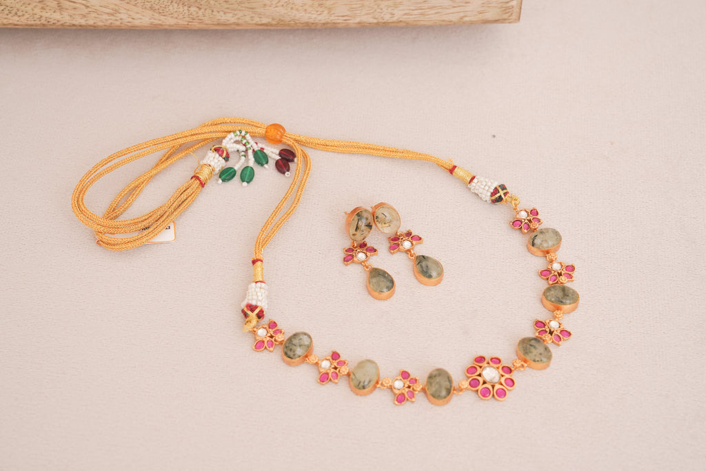 Prehnite Blossom Kundan Statement Necklace Set