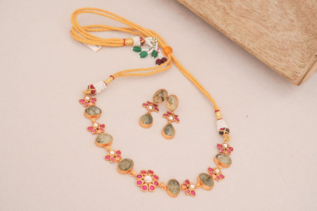 Prehnite Blossom Kundan Statement Necklace Set