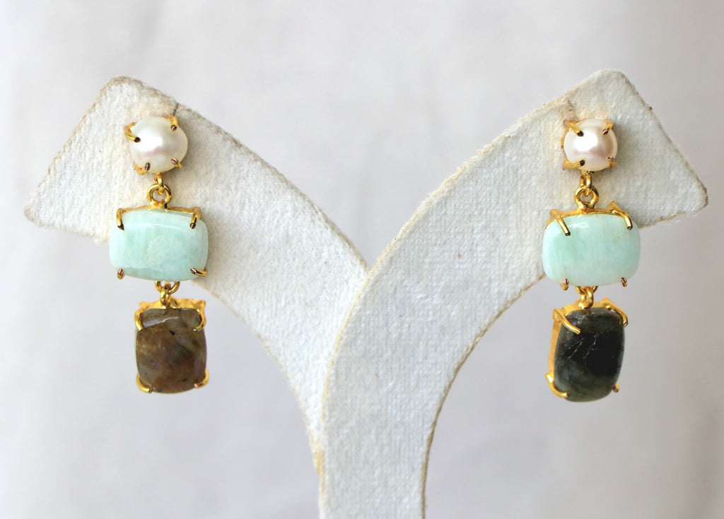 Amazonite Labrodrite Pearl Cascade Earrings