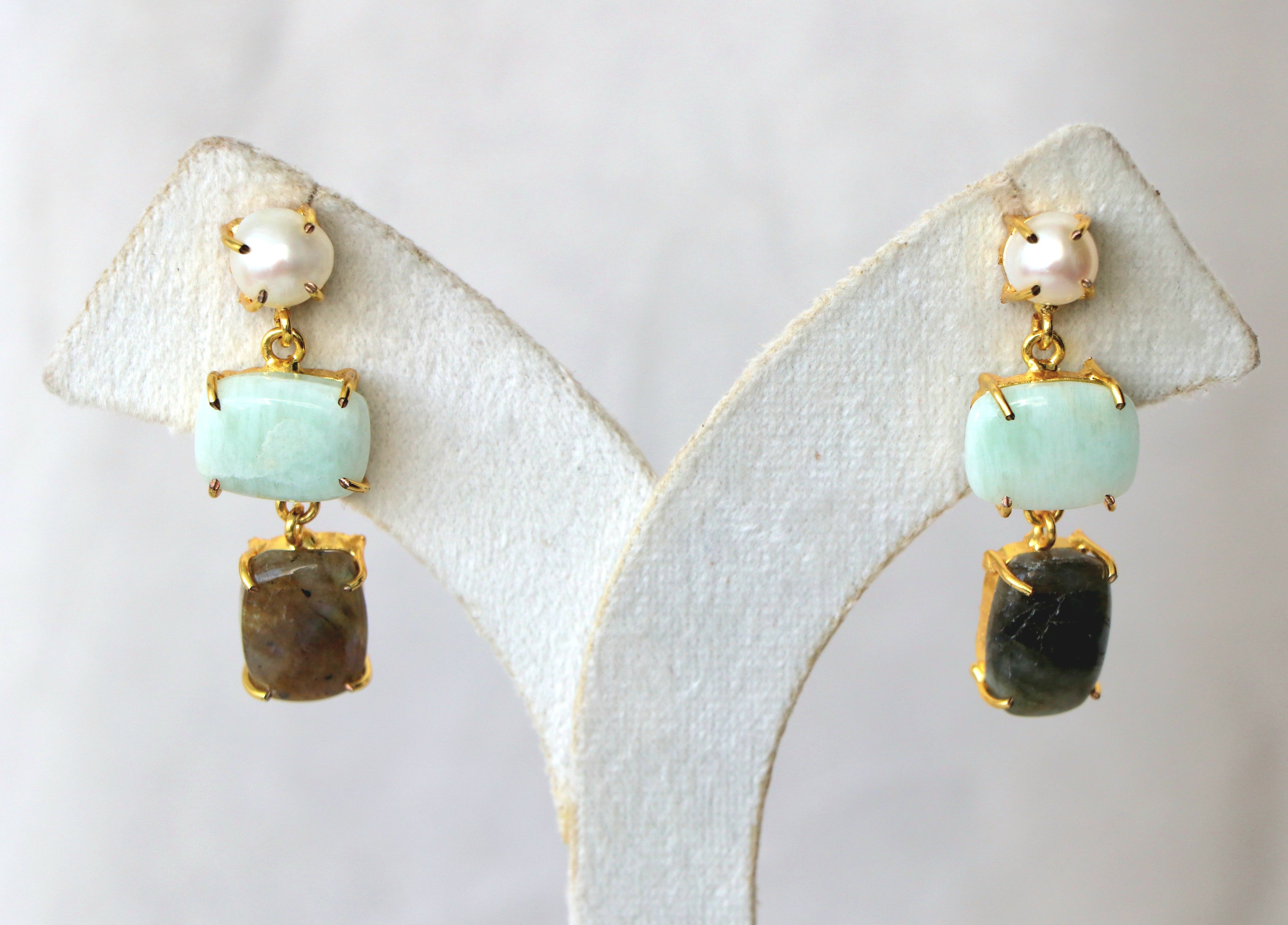 Amazonite Labrodrite Pearl Cascade Earrings
