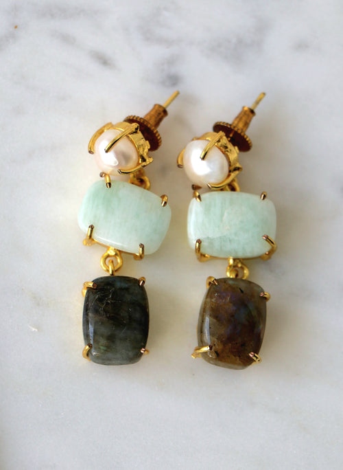 Amazonite Labrodrite Pearl Cascade Earrings