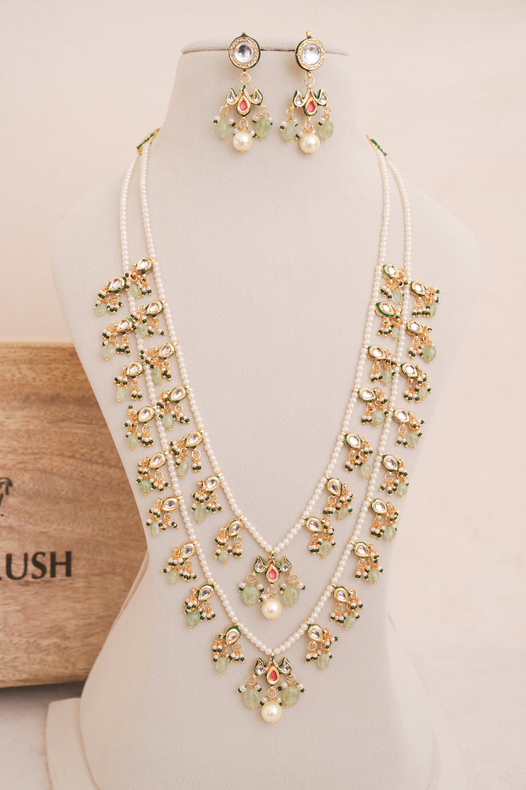 Pastel Green Pachi Kundan pearl Double Layered Raanihaar Necklace Set