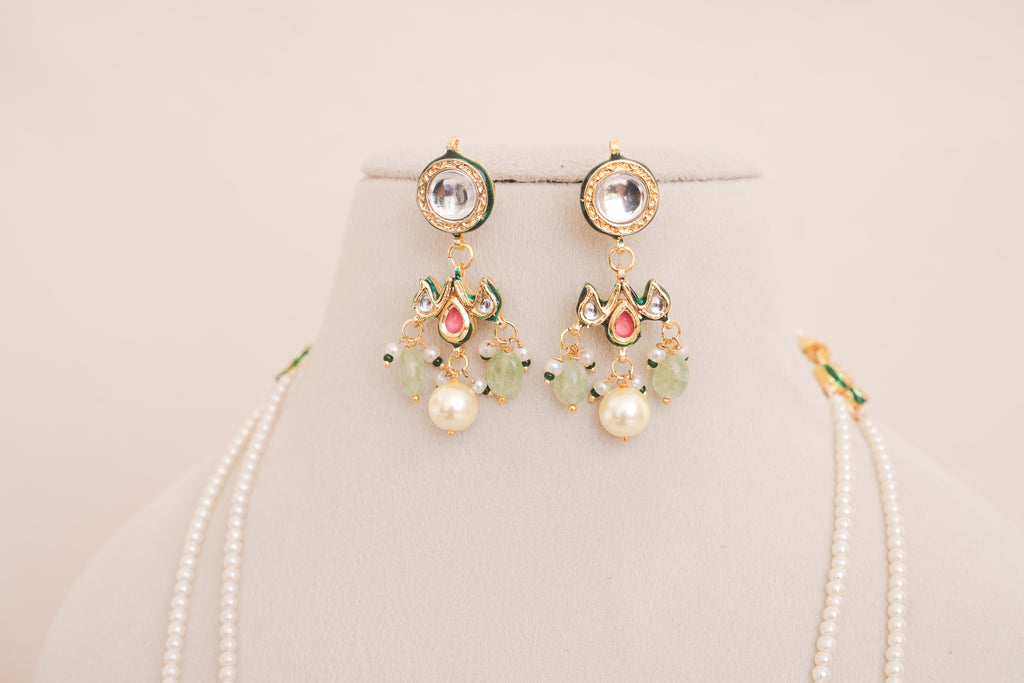 Pastel Green Pachi Kundan pearl Double Layered Raanihaar Necklace Set