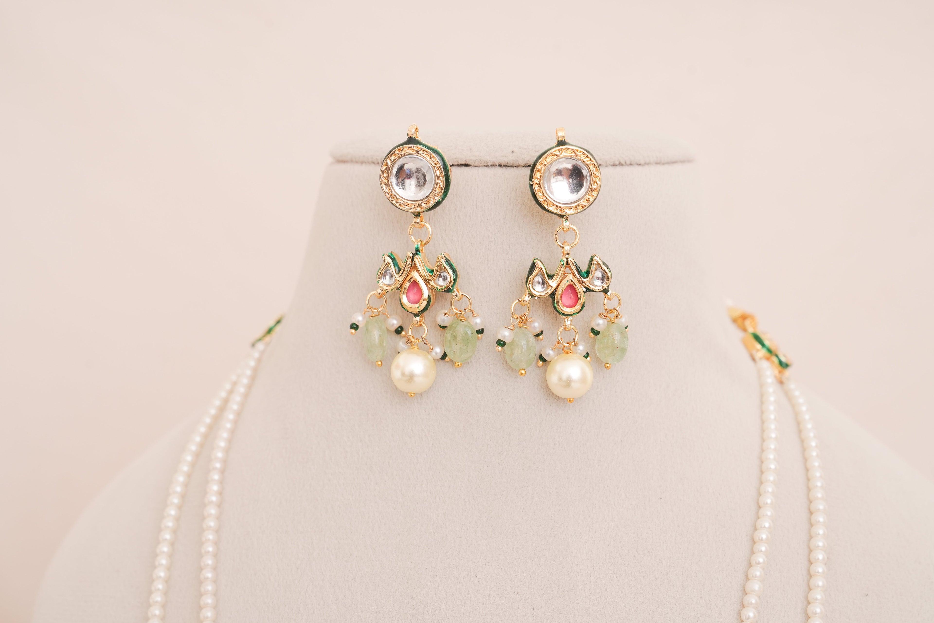 Pastel Green Pachi Kundan pearl Double Layered Raanihaar Necklace Set