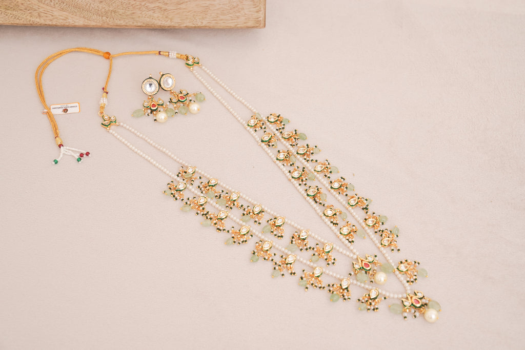 Pastel Green Pachi Kundan pearl Double Layered Raanihaar Necklace Set