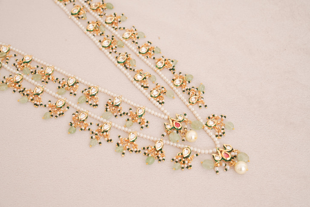 Pastel Green Pachi Kundan pearl Double Layered Raanihaar Necklace Set
