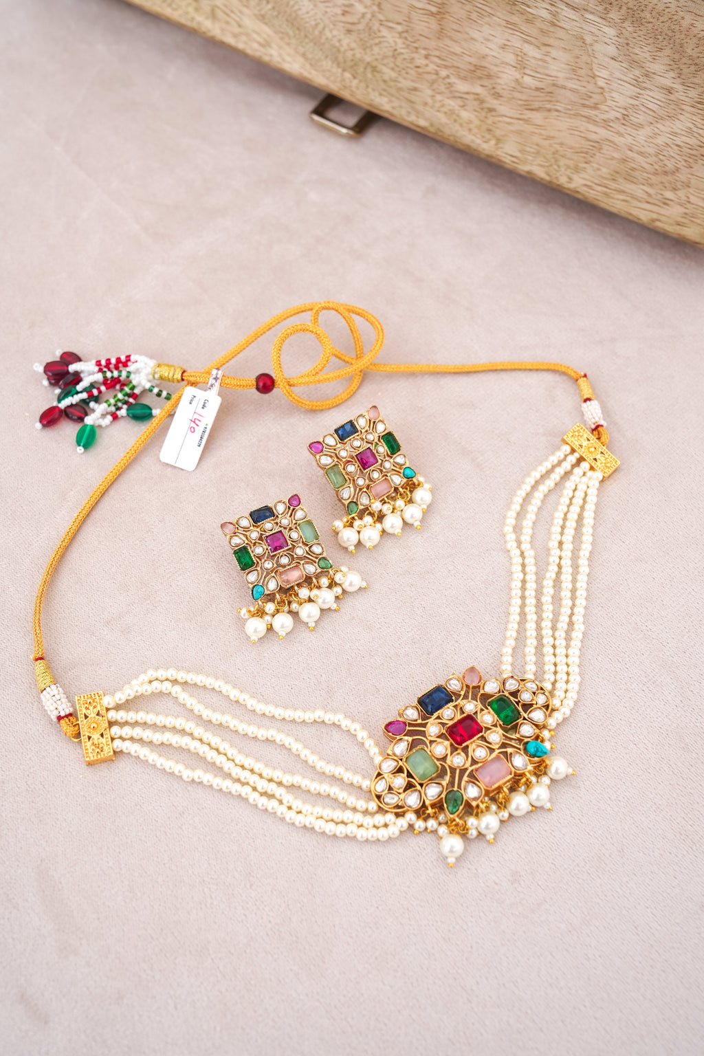 Kundan Square Gemstone Earring  Necklace Set