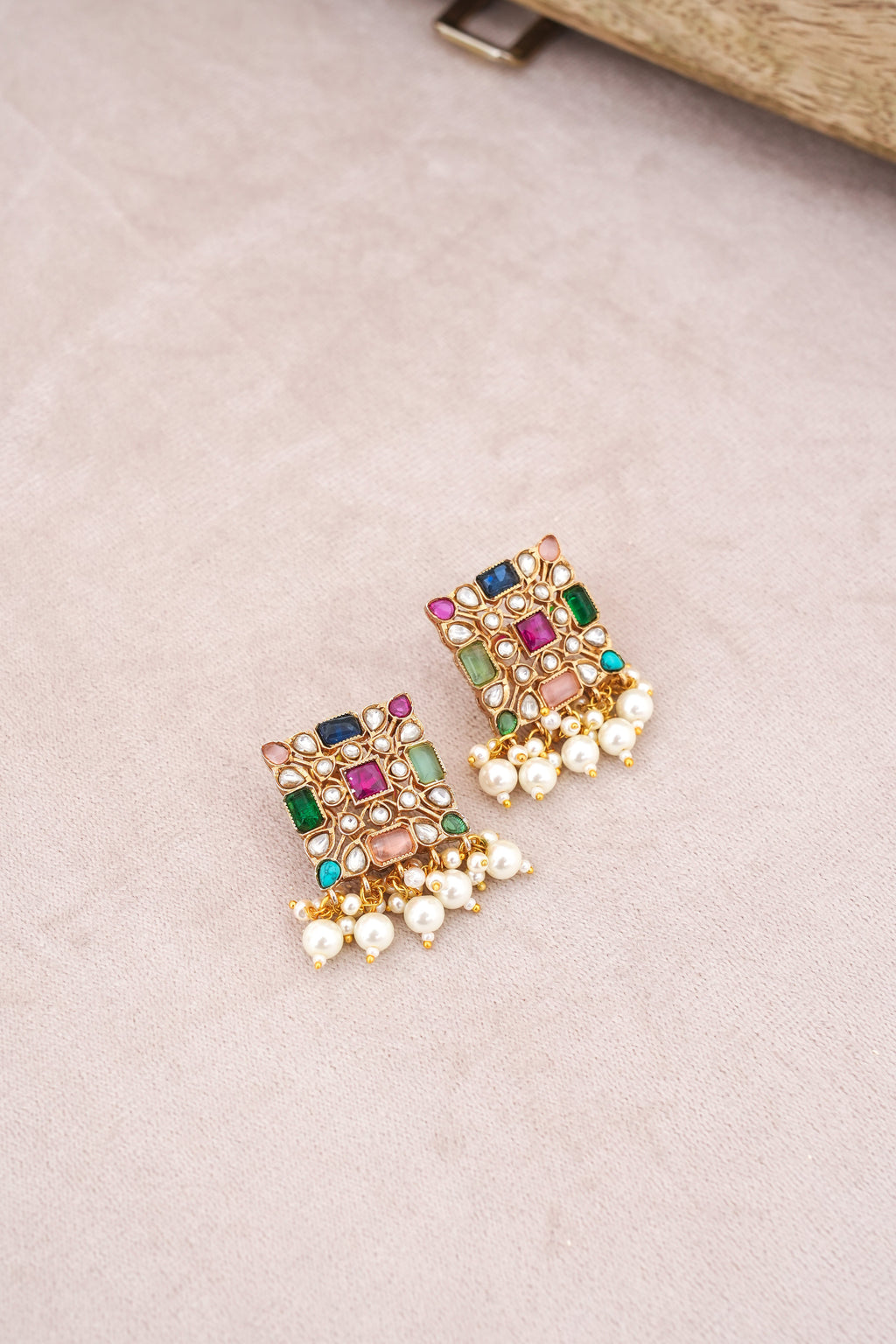 Kundan Square Gemstone Earring  Necklace Set