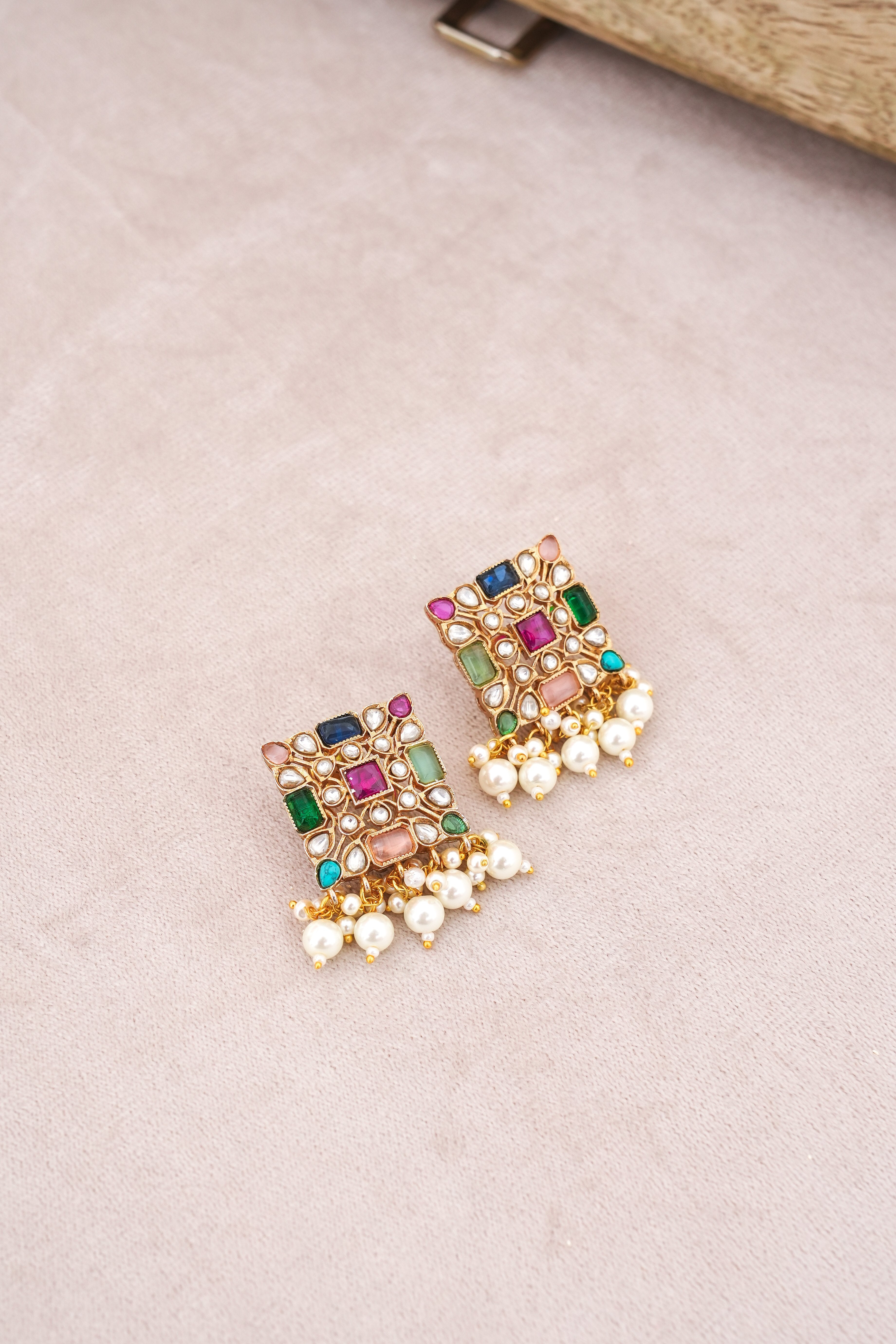 Kundan Square Gemstone Earring  Necklace Set
