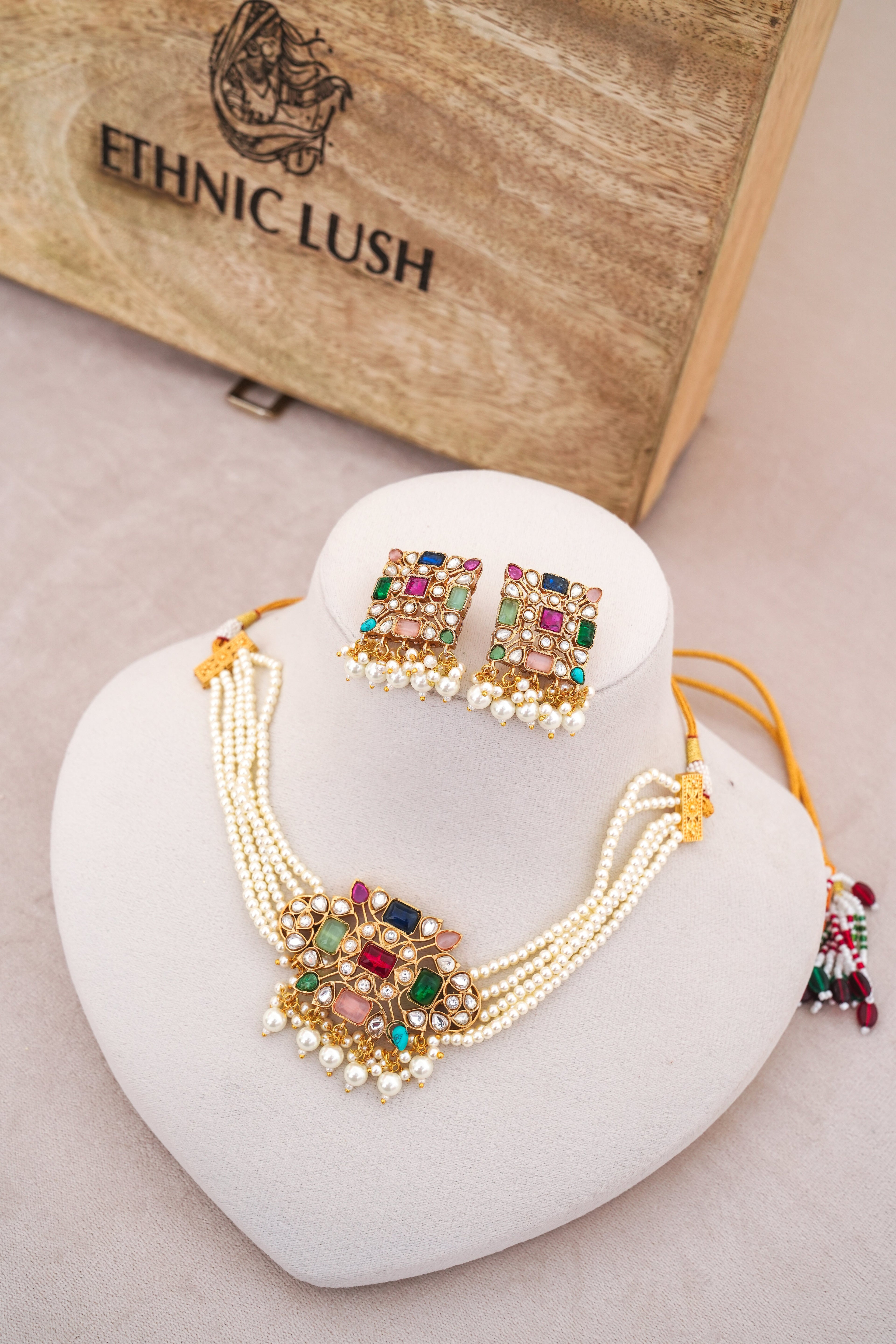 Kundan Square Gemstone Earring  Necklace Set