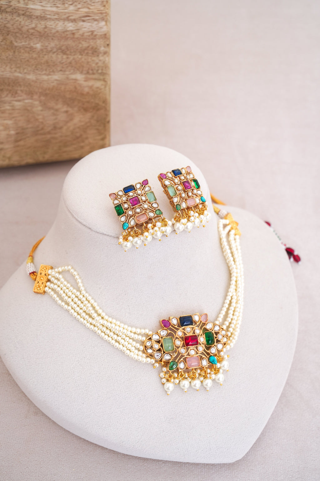 Kundan Square Gemstone Earring  Necklace Set
