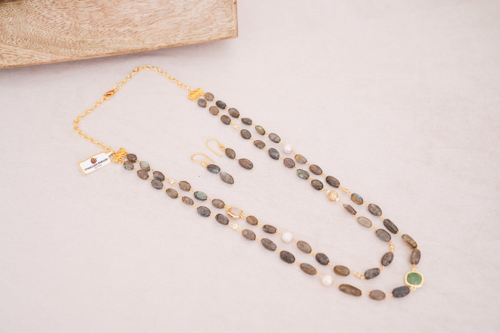 Labradorite & Freeshwater Pearls Double Layer Necklace Set