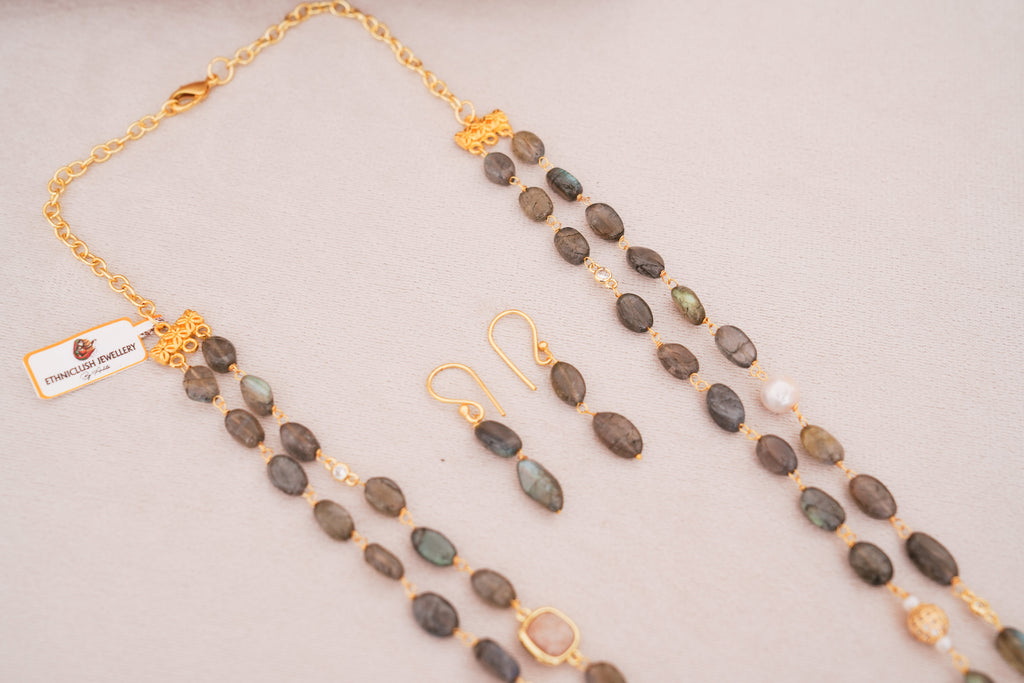 Labradorite & Freeshwater Pearls Double Layer Necklace Set