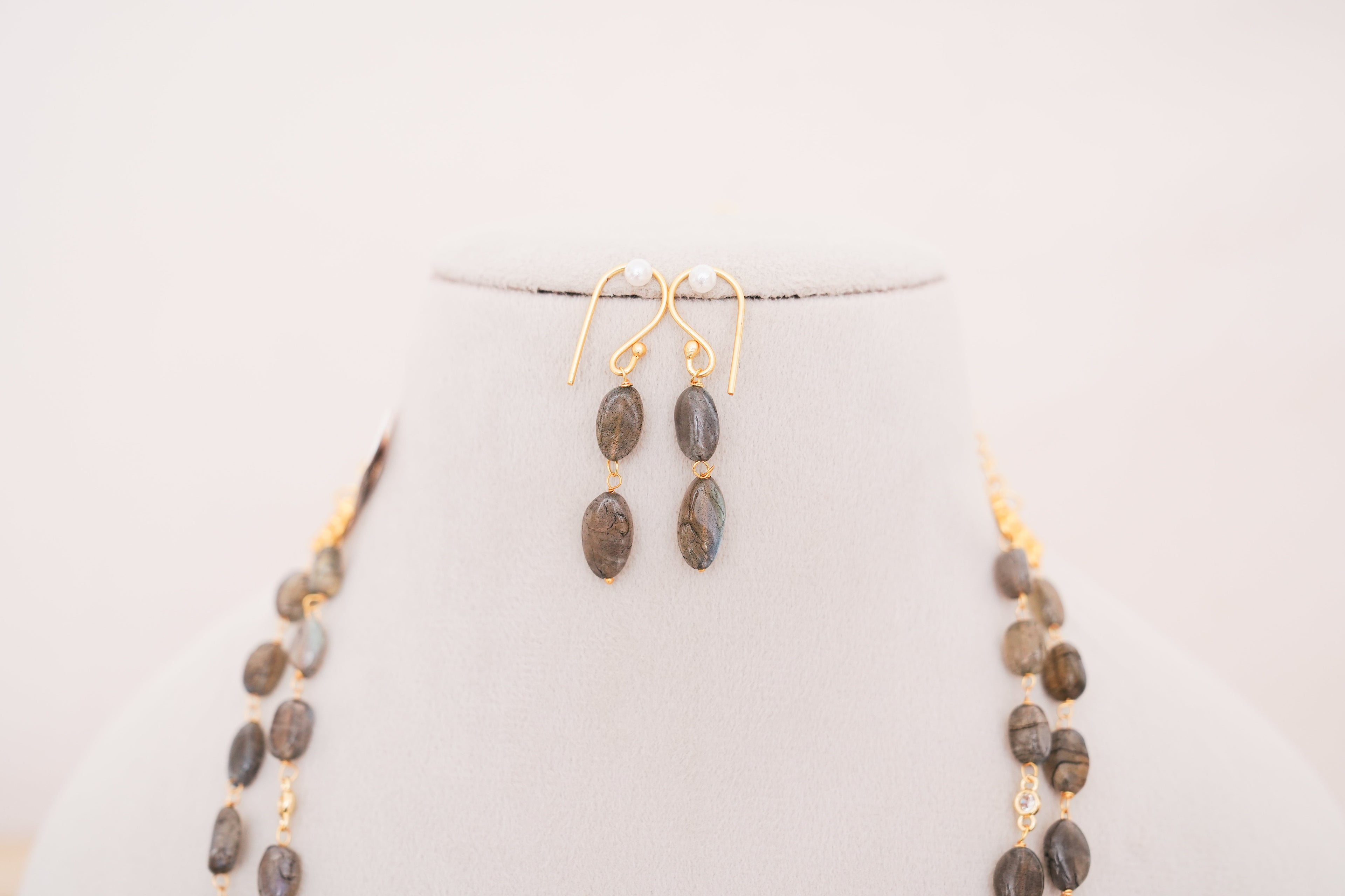 Labradorite & Freeshwater Pearls Double Layer Necklace Set