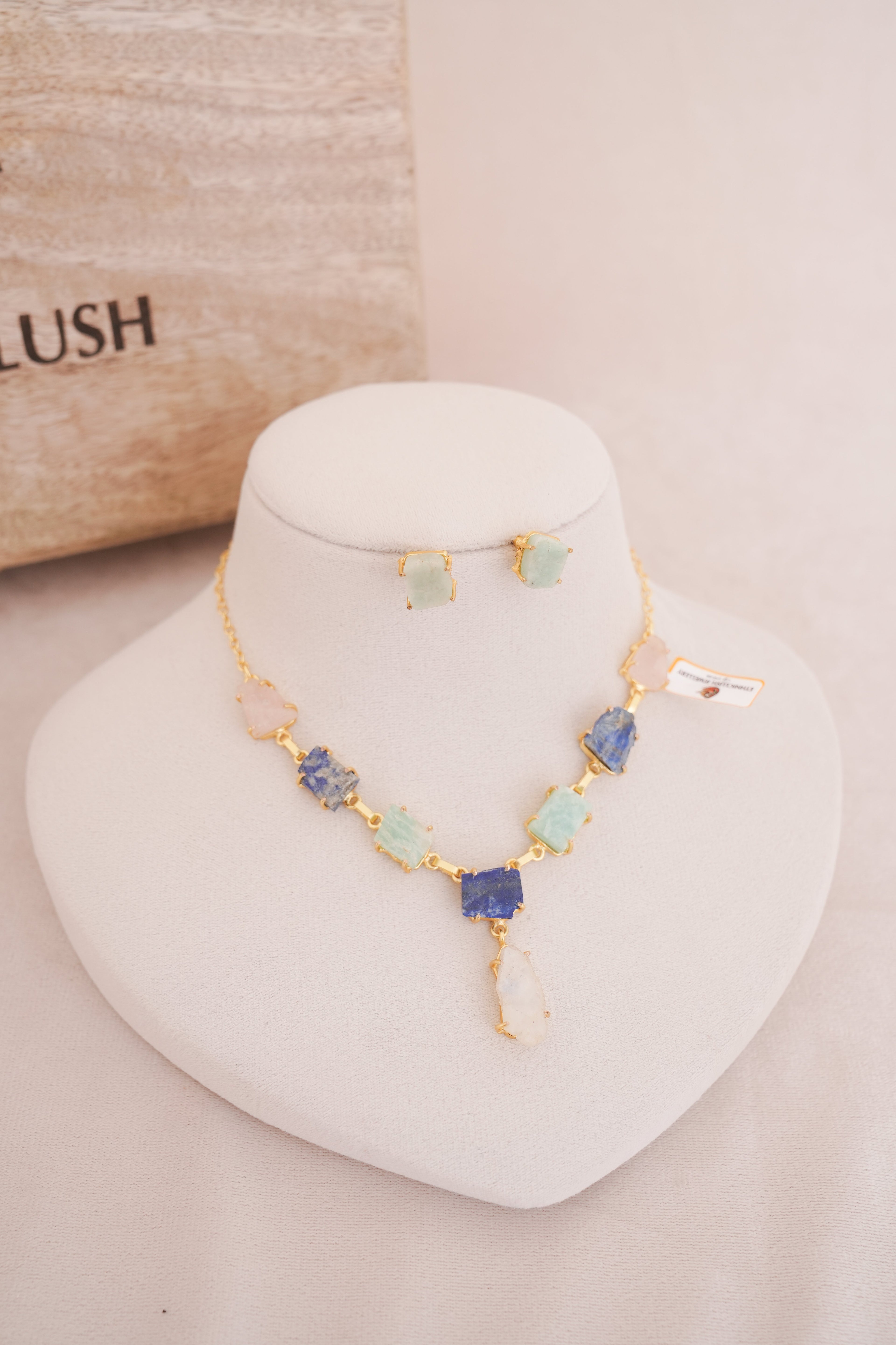 Lapis  Aquamarine Natural Gemstone Statement Necklace Set