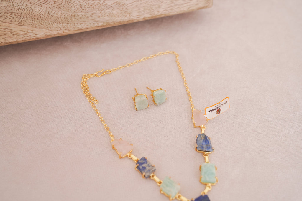 Lapis  Aquamarine Natural Gemstone Statement Necklace Set
