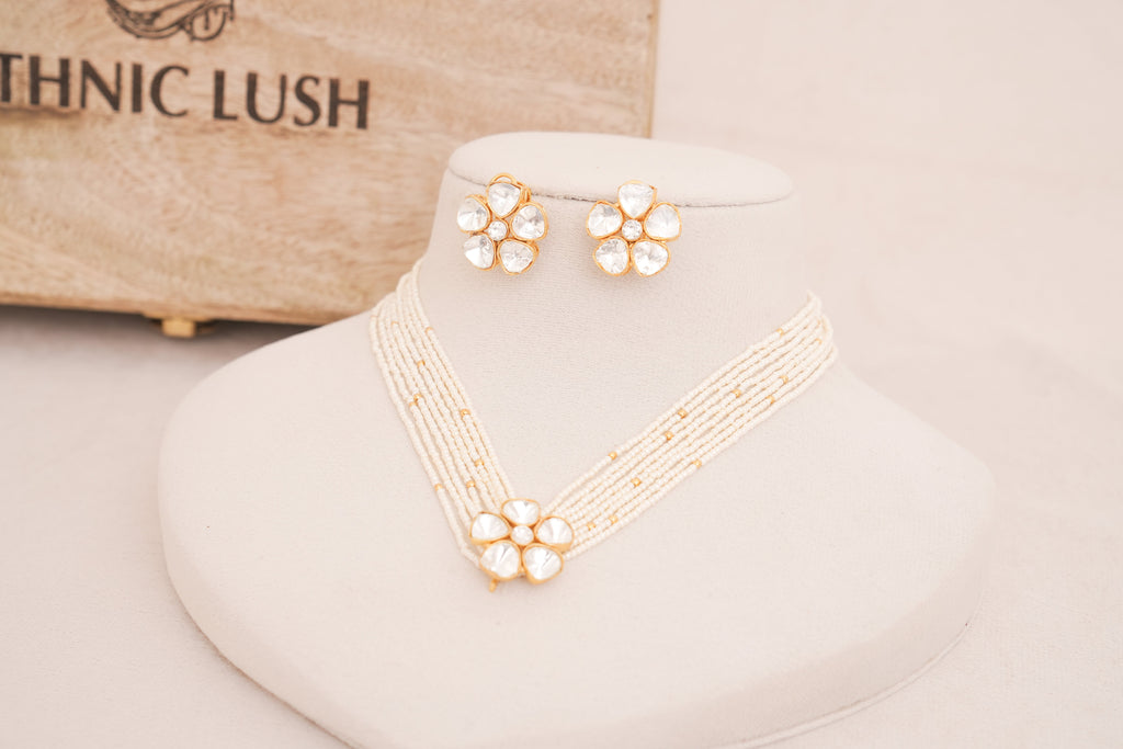 Floral Polki Multi Strand Pearl Necklace Set