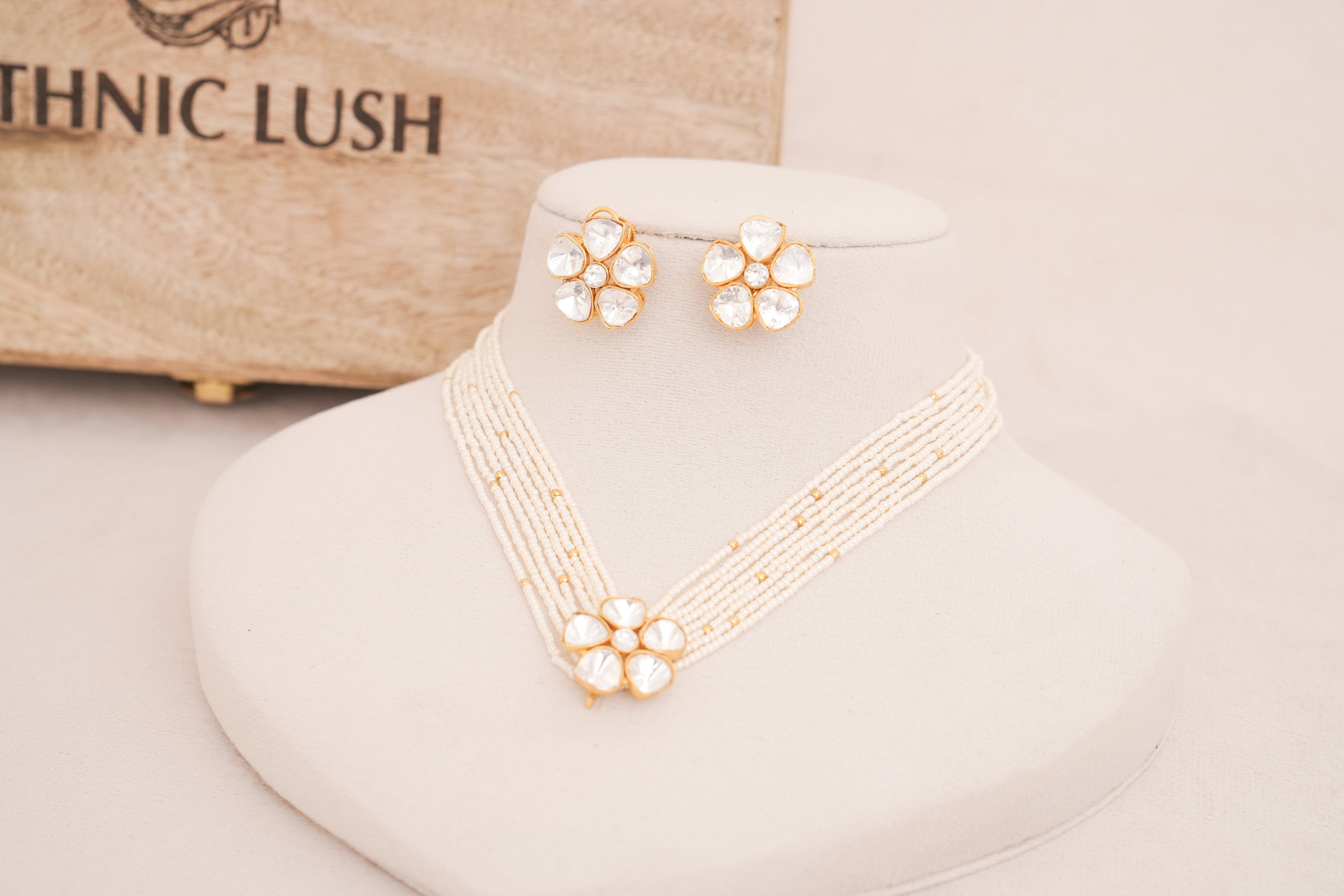 Floral Polki Multi Strand Pearl Necklace Set