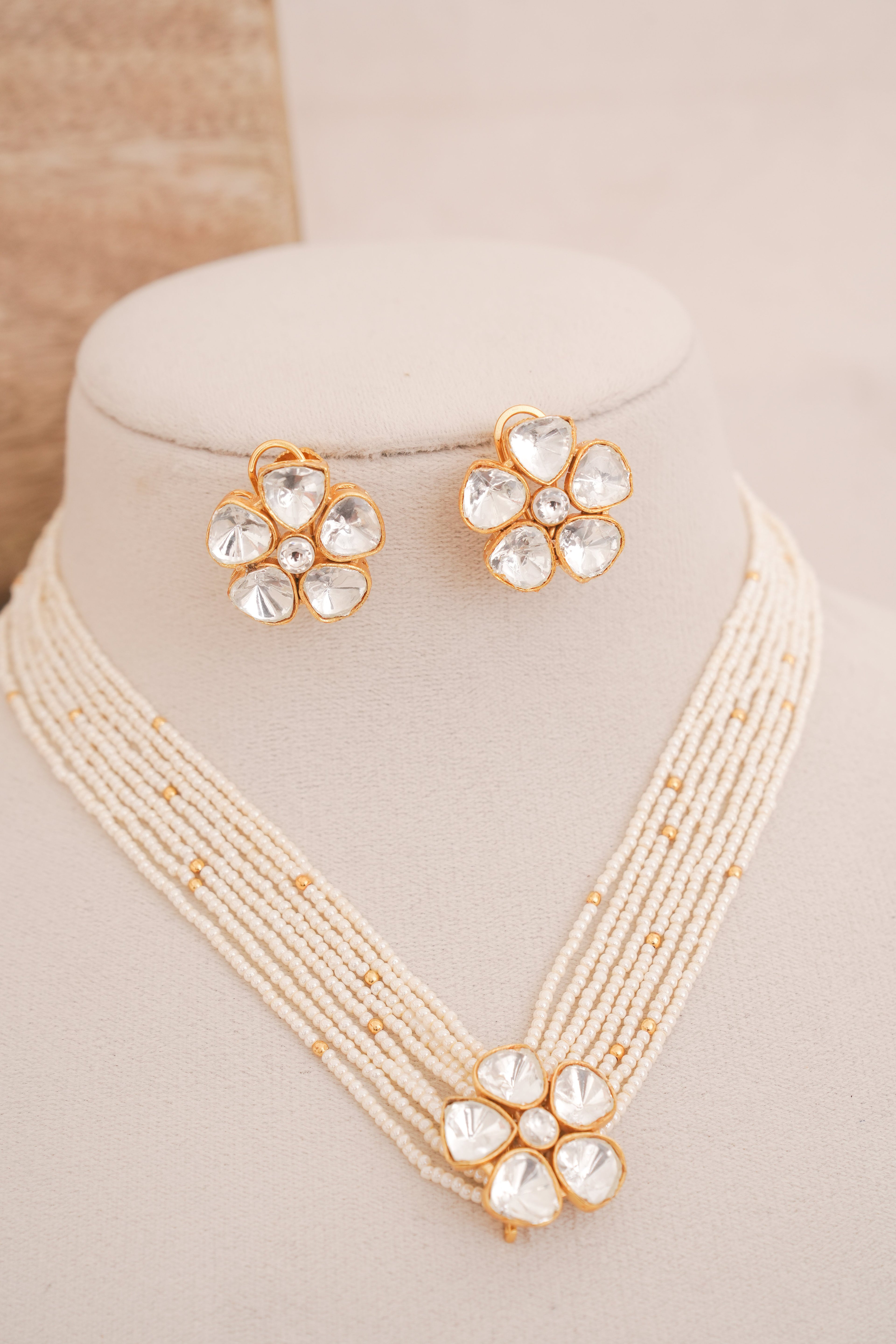 Floral Polki Multi Strand Pearl Necklace Set