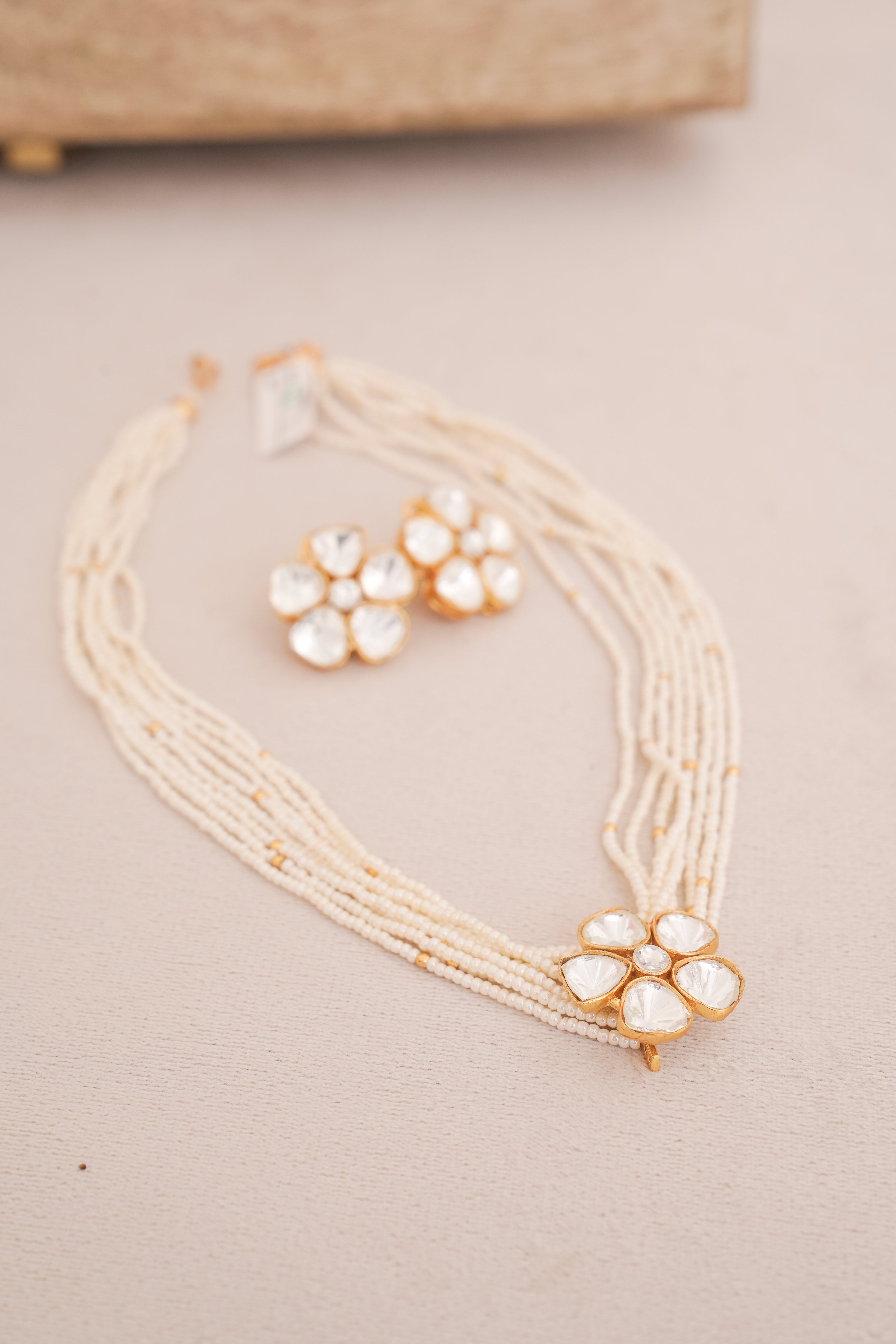 Floral Polki Multi Strand Pearl Necklace Set