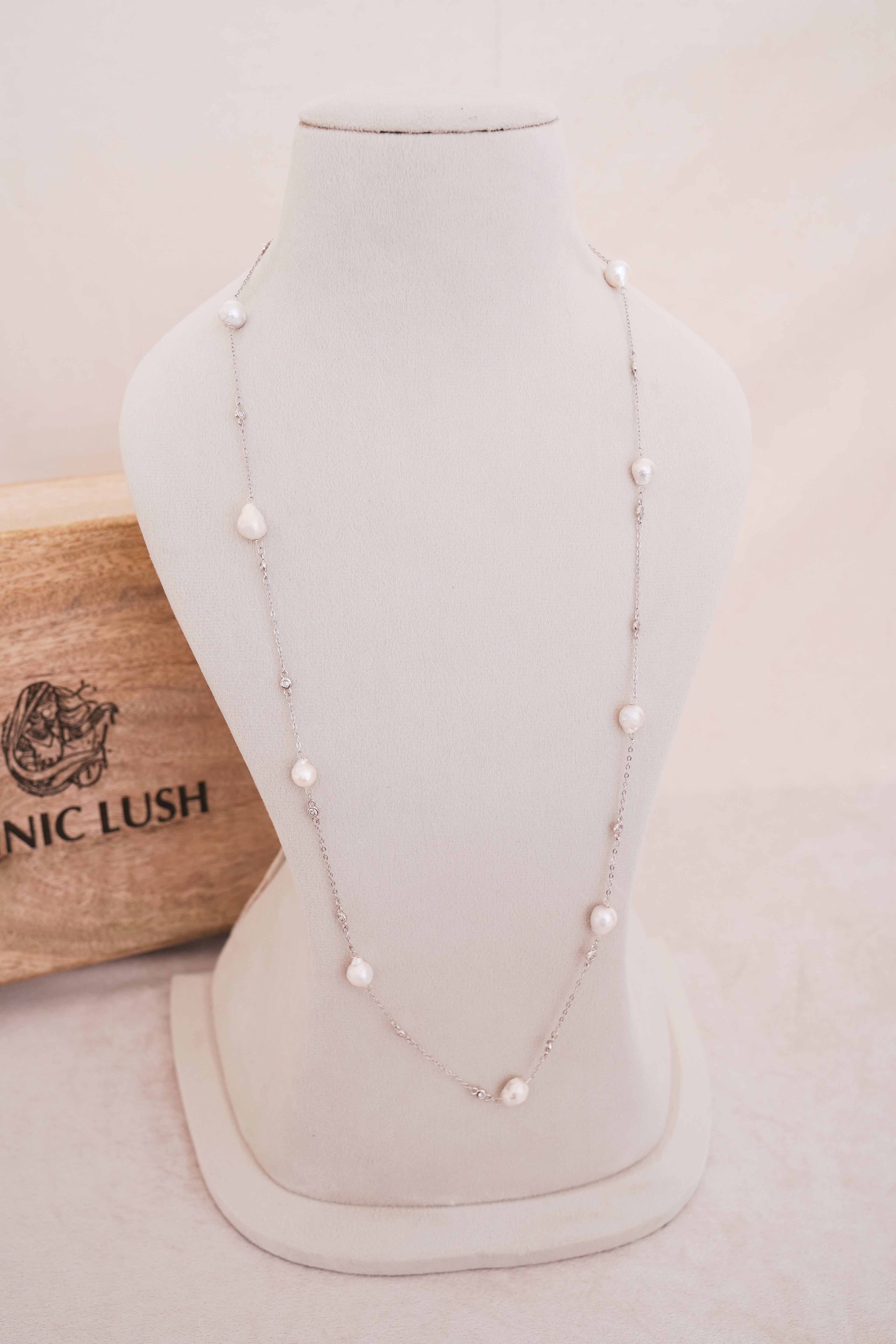 Minimal Luminous Freshwater Pearl Cascade Necklace in Silver Finish