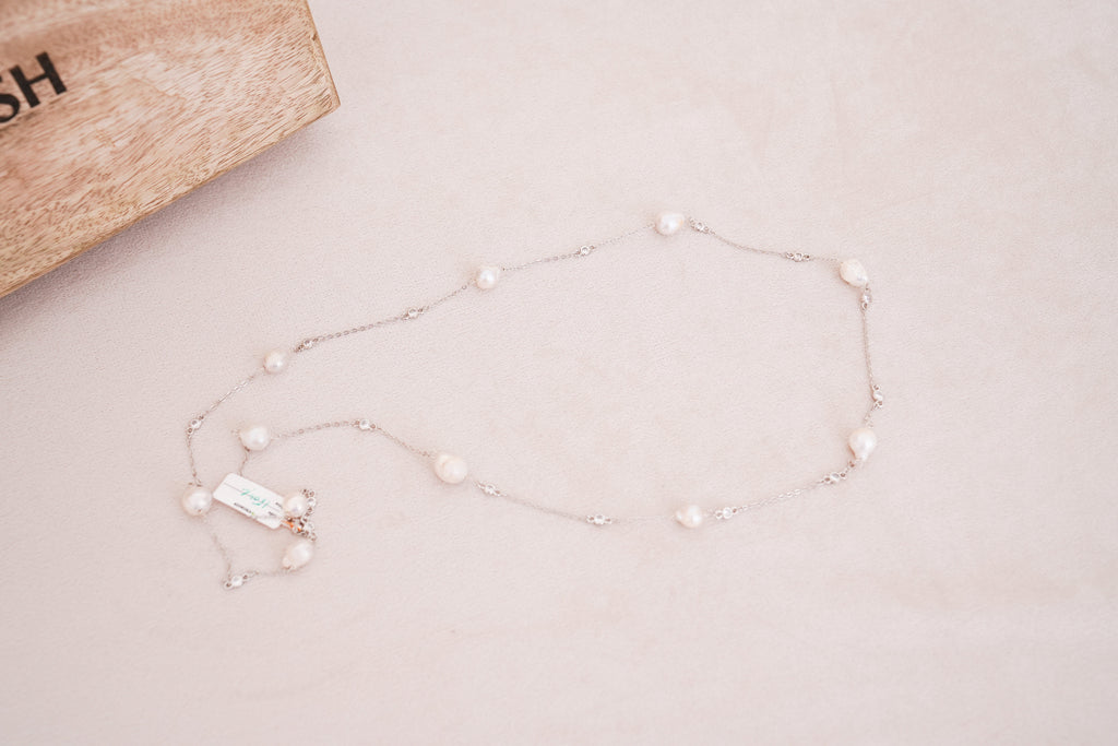 Minimal Luminous Freshwater Pearl Cascade Necklace in Silver Finish