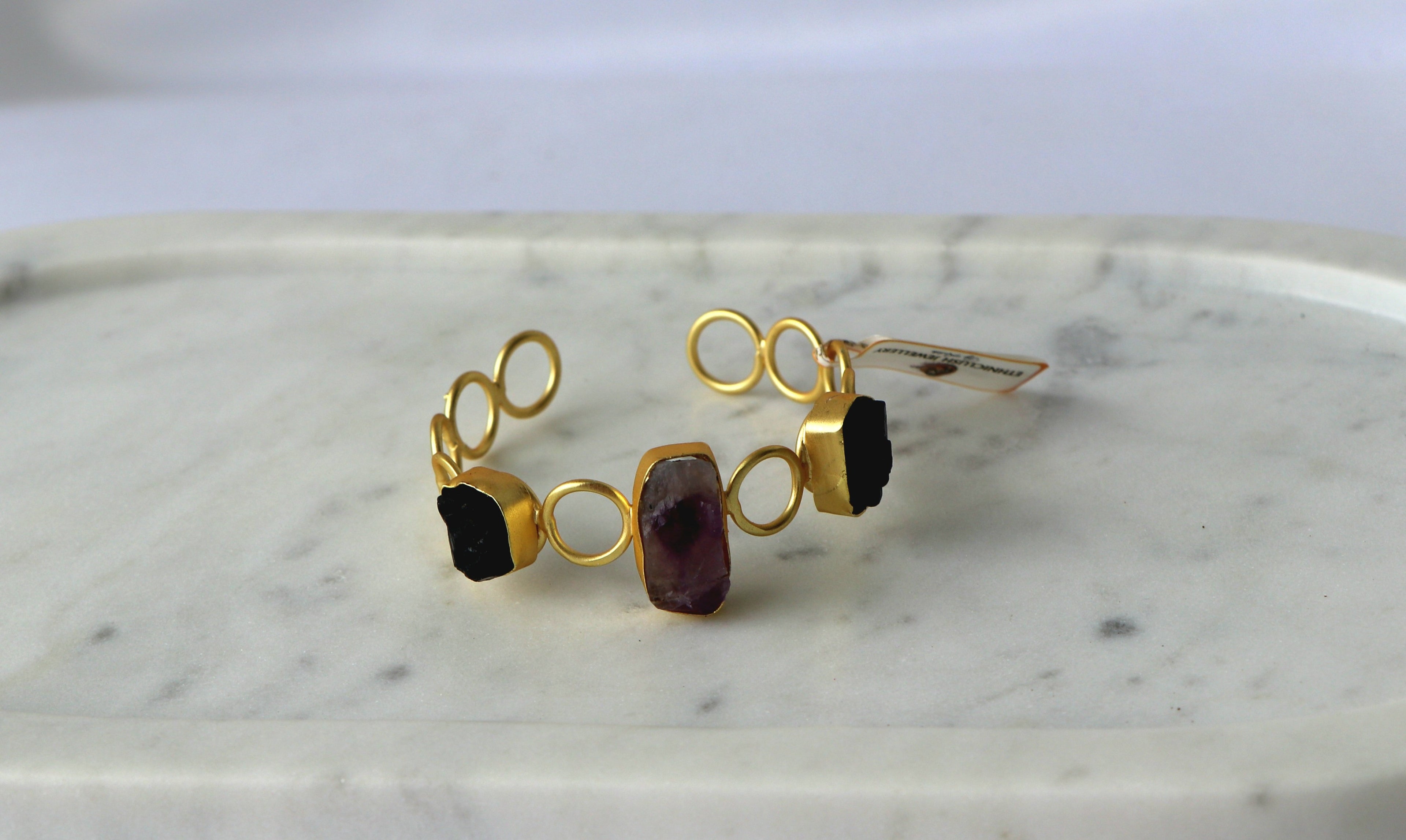 Raw Natural Gemstone Bracelet | Adjustable Gold-Tone Cuff | Multi-Stone Variants