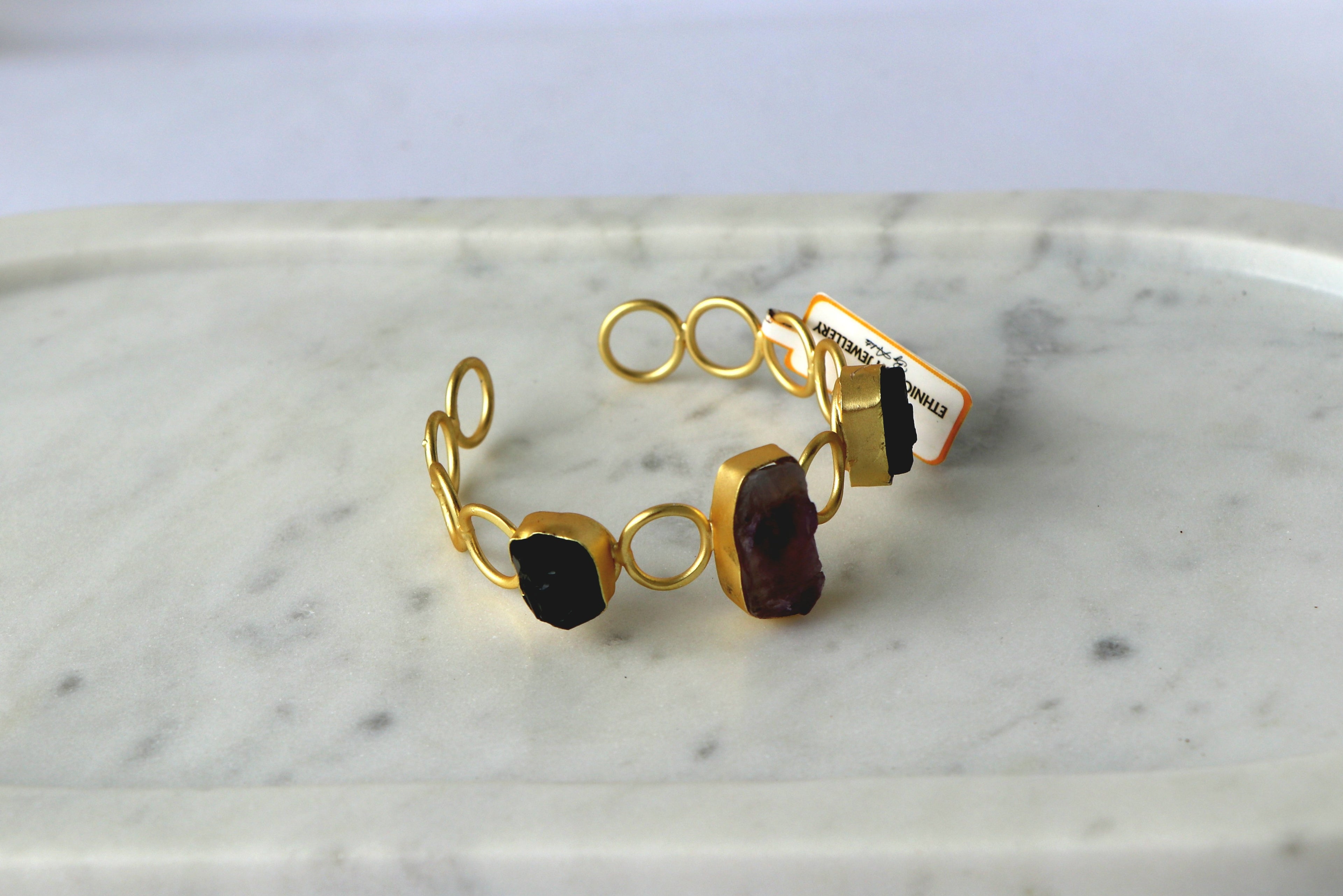 Raw Natural Gemstone Bracelet | Adjustable Gold-Tone Cuff | Multi-Stone Variants