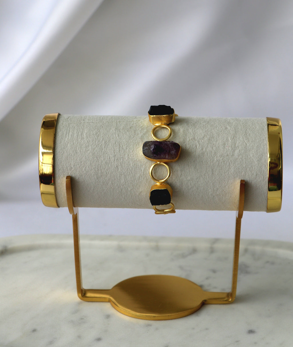 Raw Natural Gemstone Bracelet | Adjustable Gold-Tone Cuff | Multi-Stone Variants
