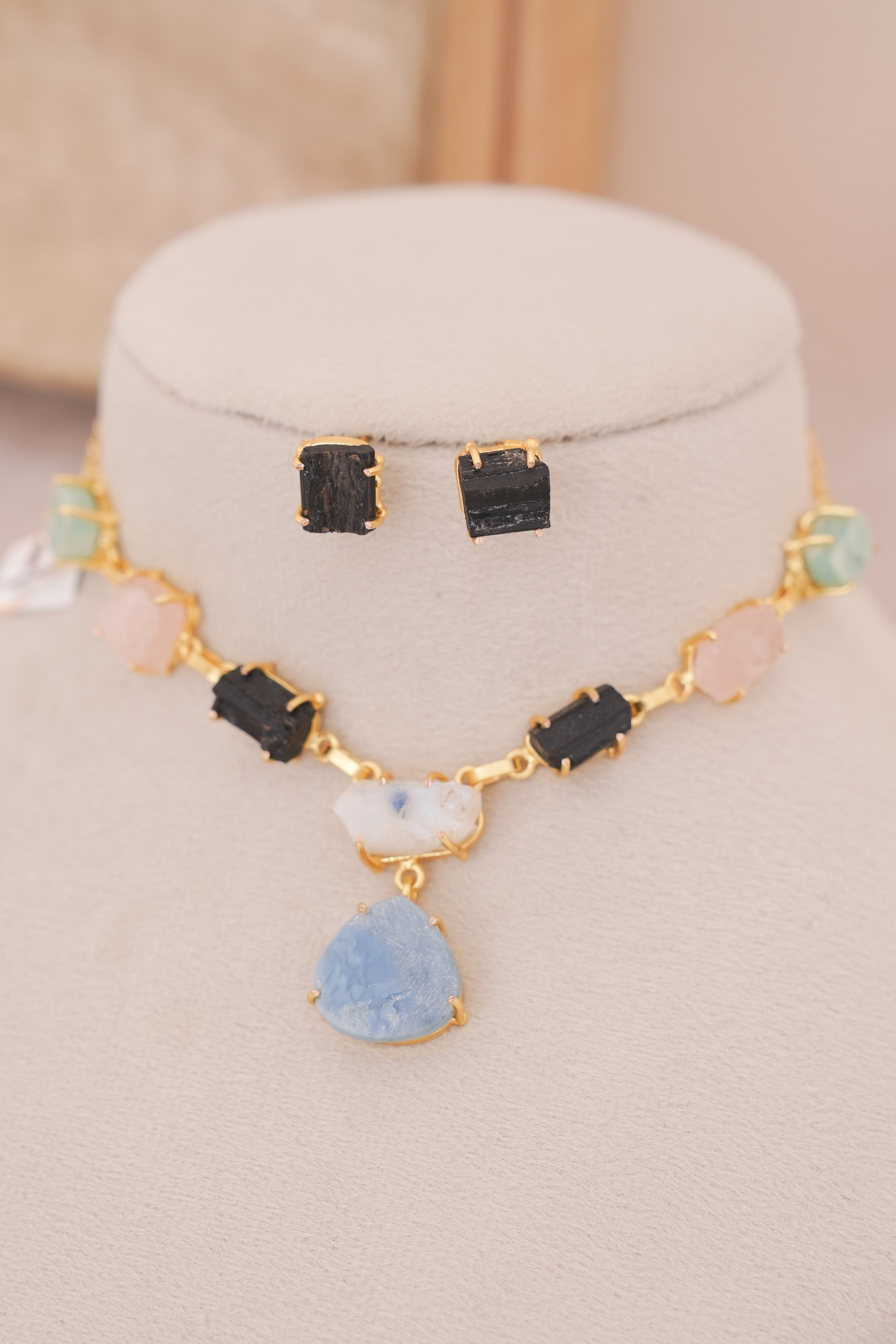 Midnight Gemstone Statement Necklace & Stud Earrings Set