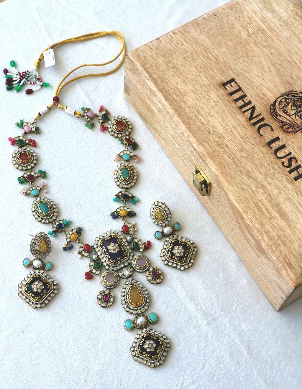 Multi Stone Gold sabhya Necklace  Earring Set