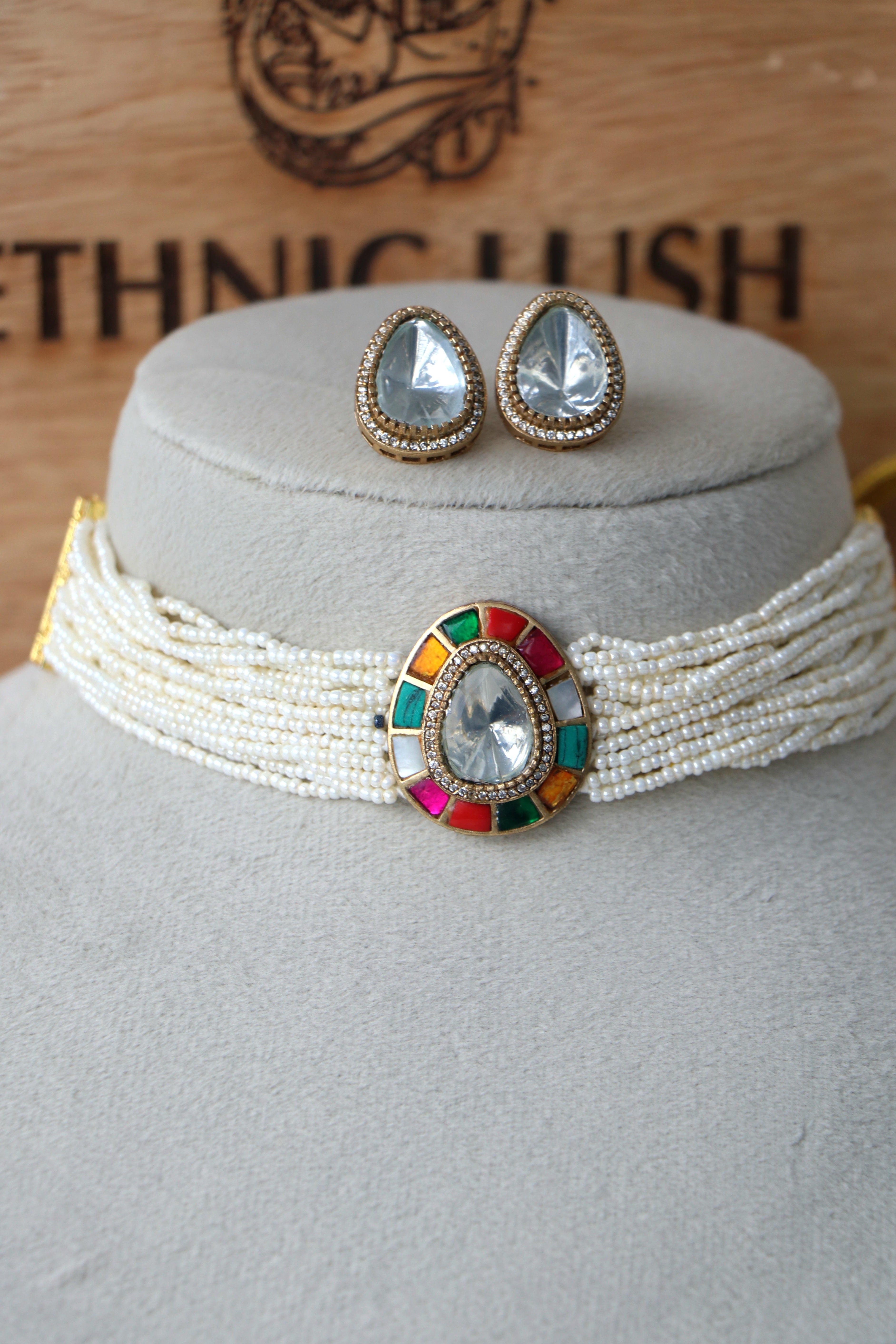 Multi Strand Pearl Choker Set With rainbow Studs