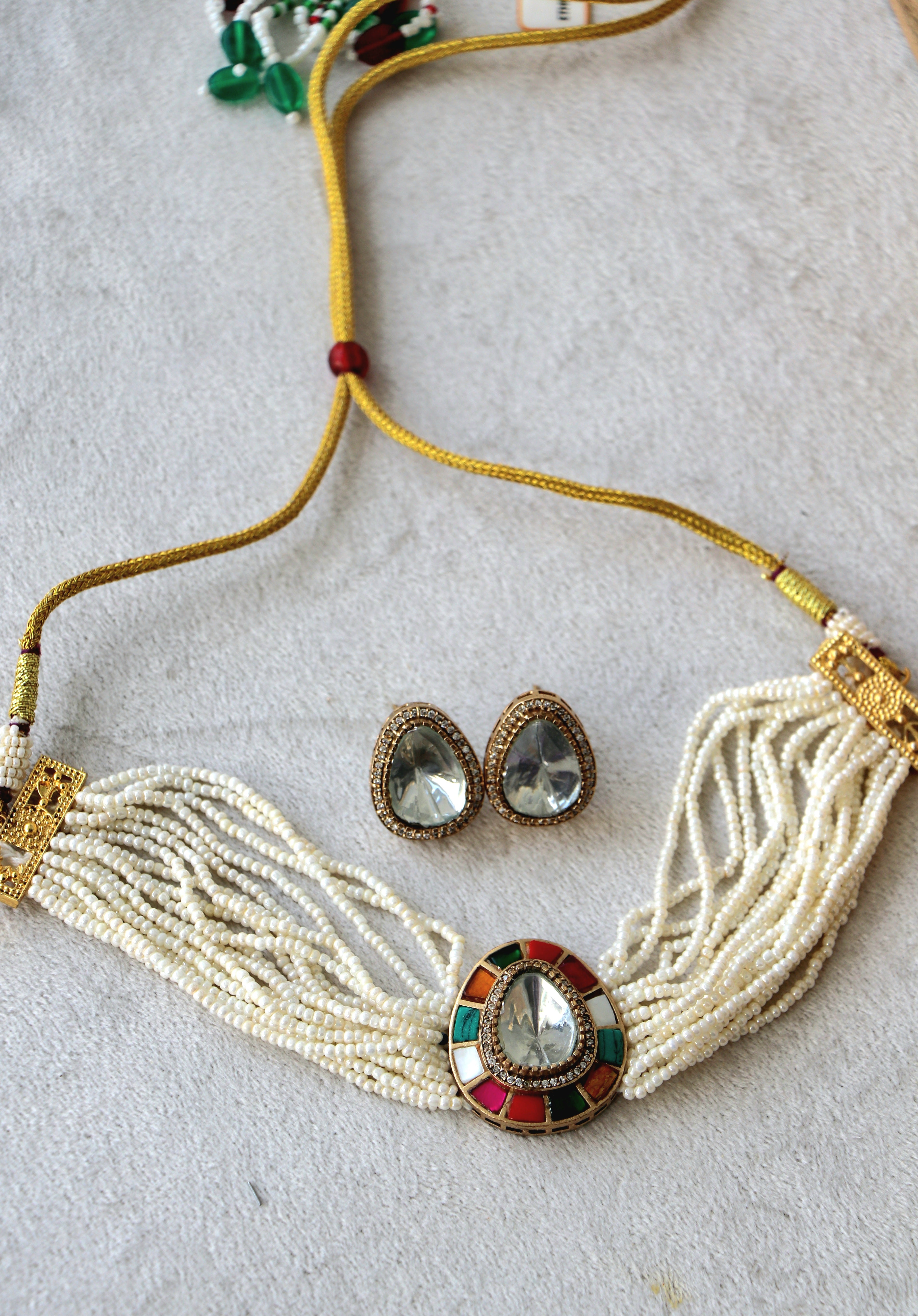 Multi Strand Pearl Choker Set With rainbow Studs