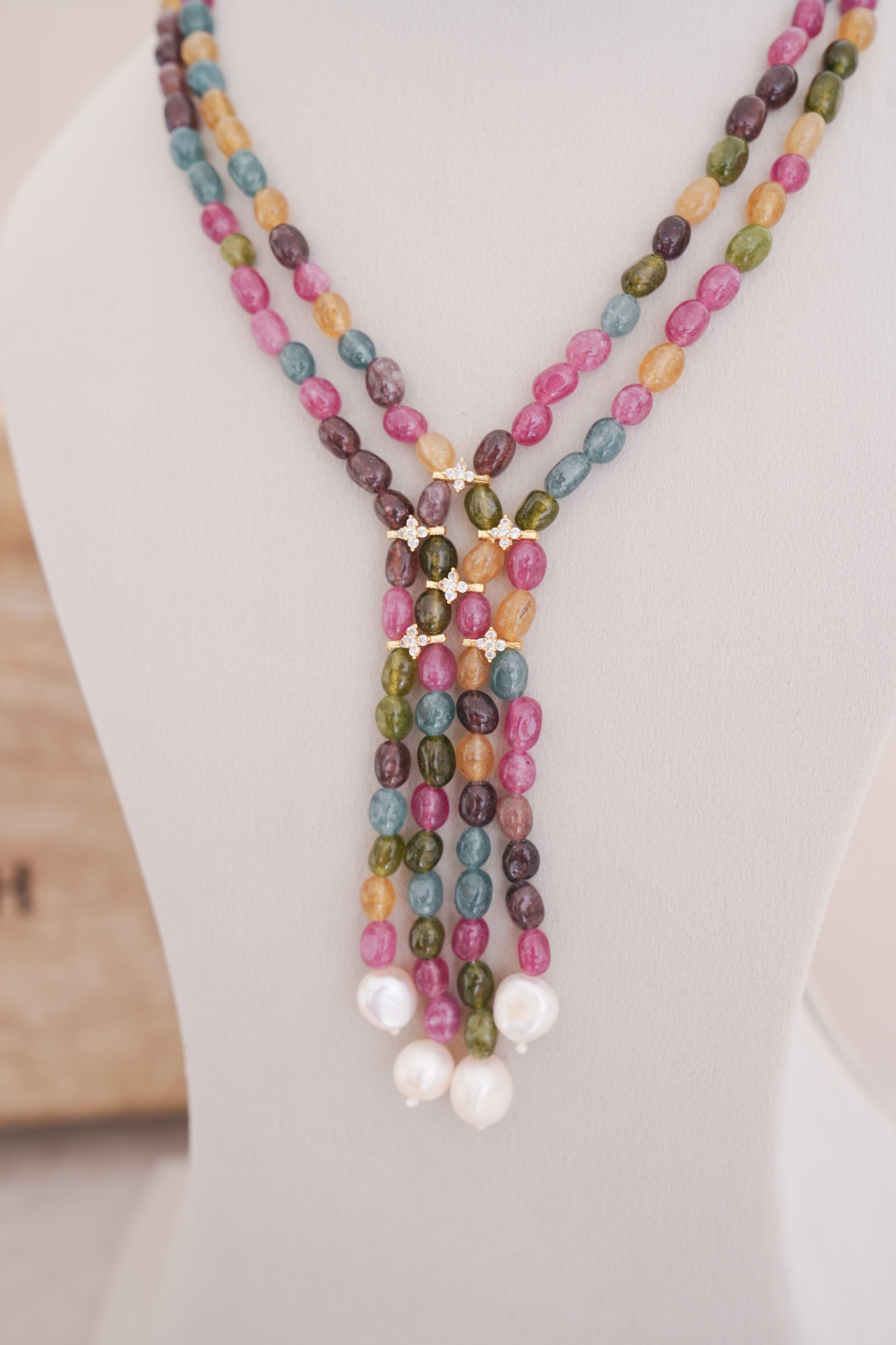 Mystic Natural Gemstone Multi-Strand Tassel Necklace