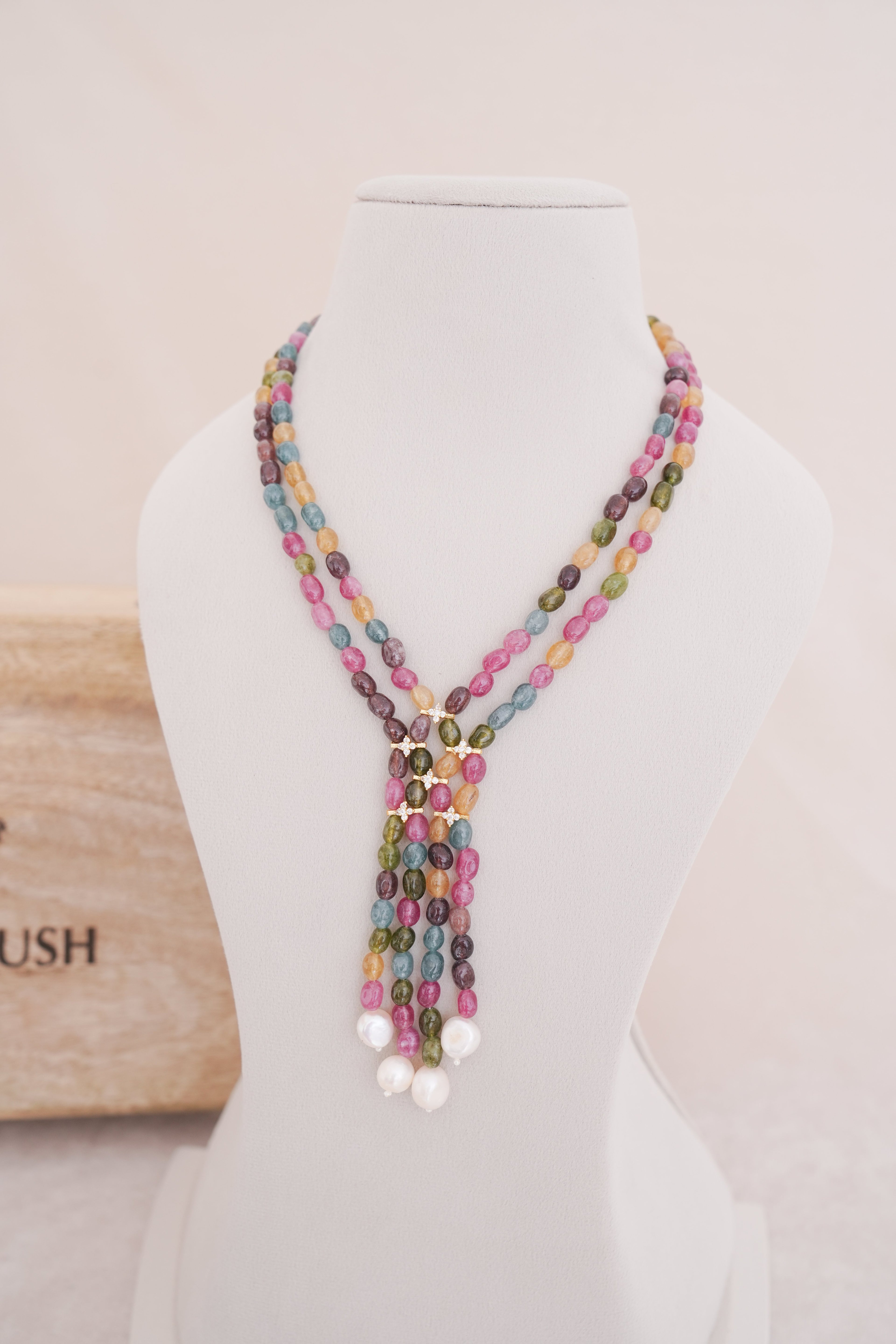 Mystic Natural Gemstone Multi-Strand Tassel Necklace