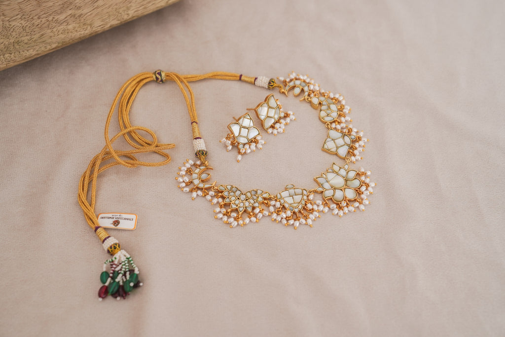 Mother of Pearl Choker Necklace Set with Pearl Drops by Ethnic Lush – detail view