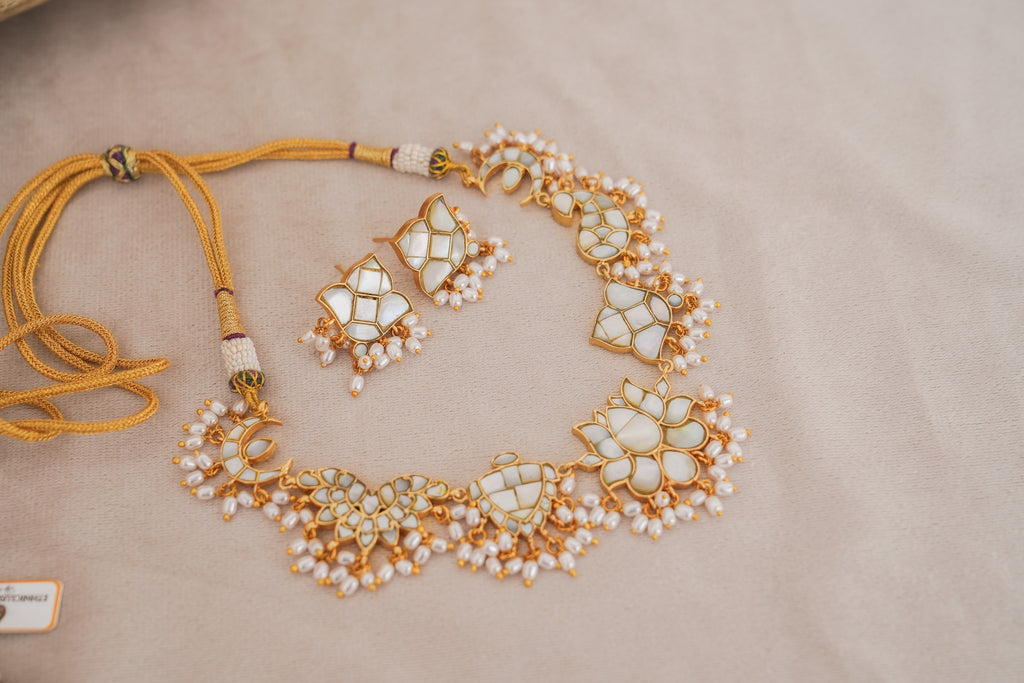 Mother of Pearl Choker Necklace Set with Pearl Drops by Ethnic Lush – alternate angle