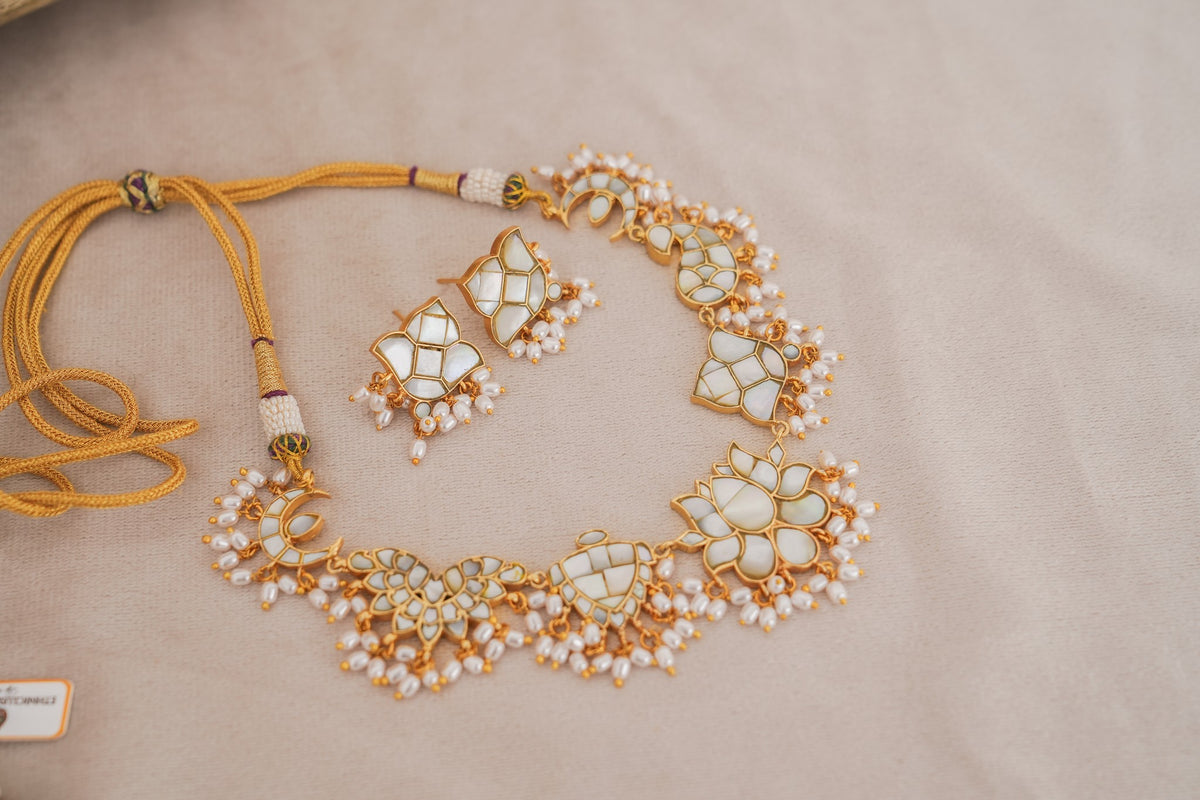Mother of Pearl Choker Necklace Set with Pearl Drops by Ethnic Lush – alternate angle