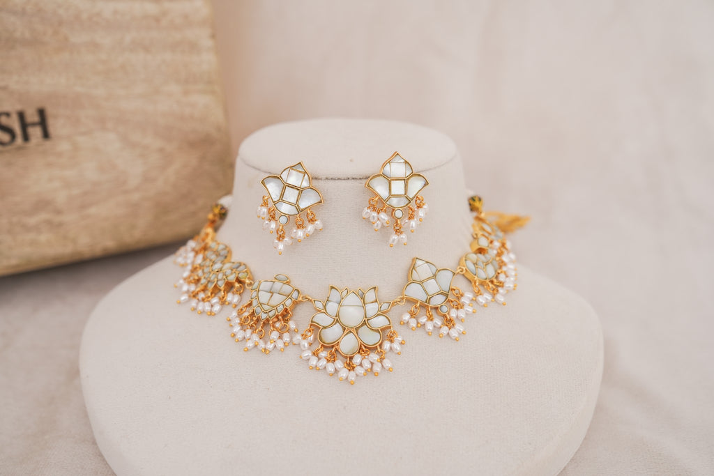 Mother of Pearl Choker Necklace Set with Pearl Drops by Ethnic Lush