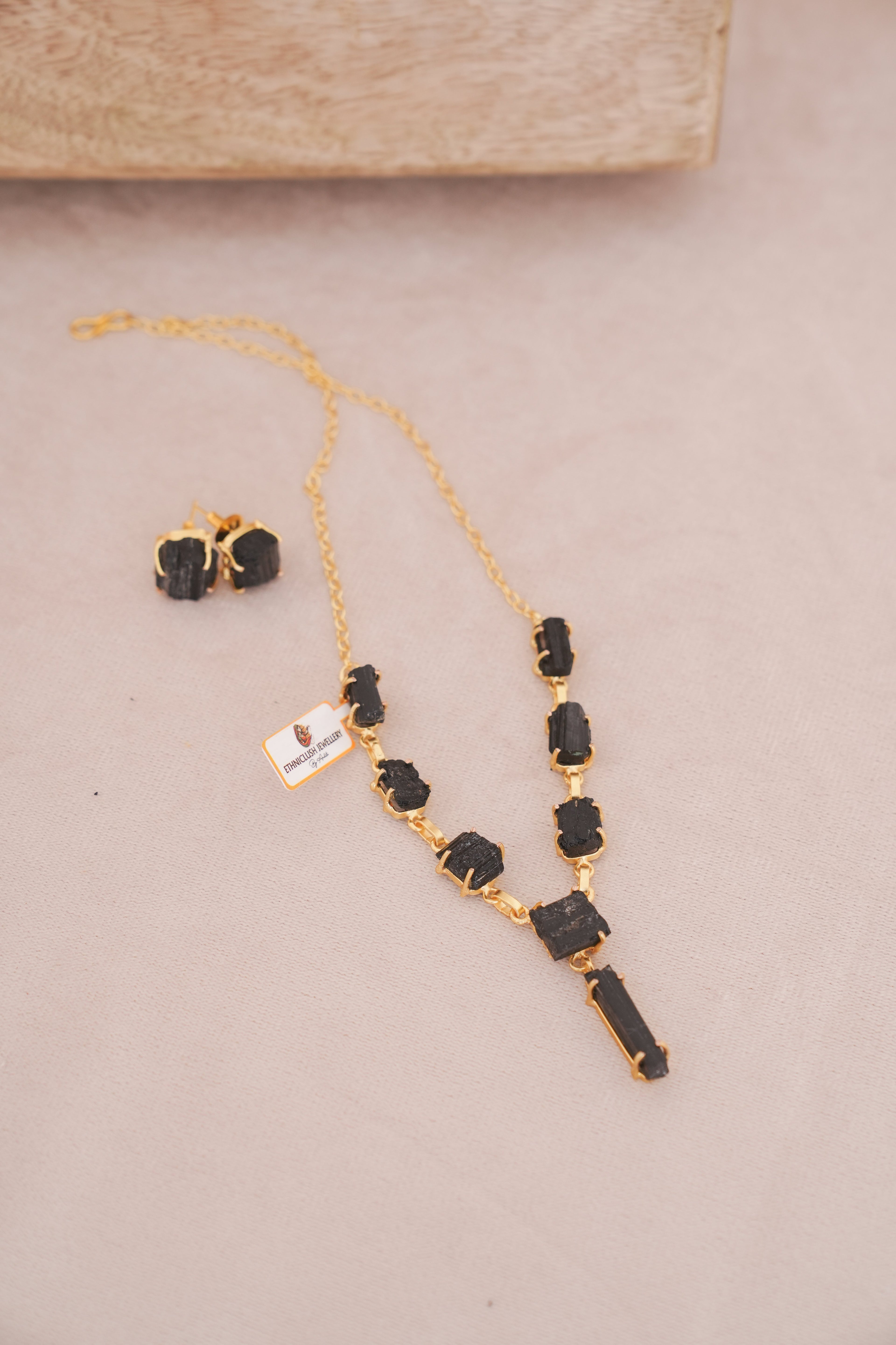 Raw Black Tourmaline Crystal Necklace Set